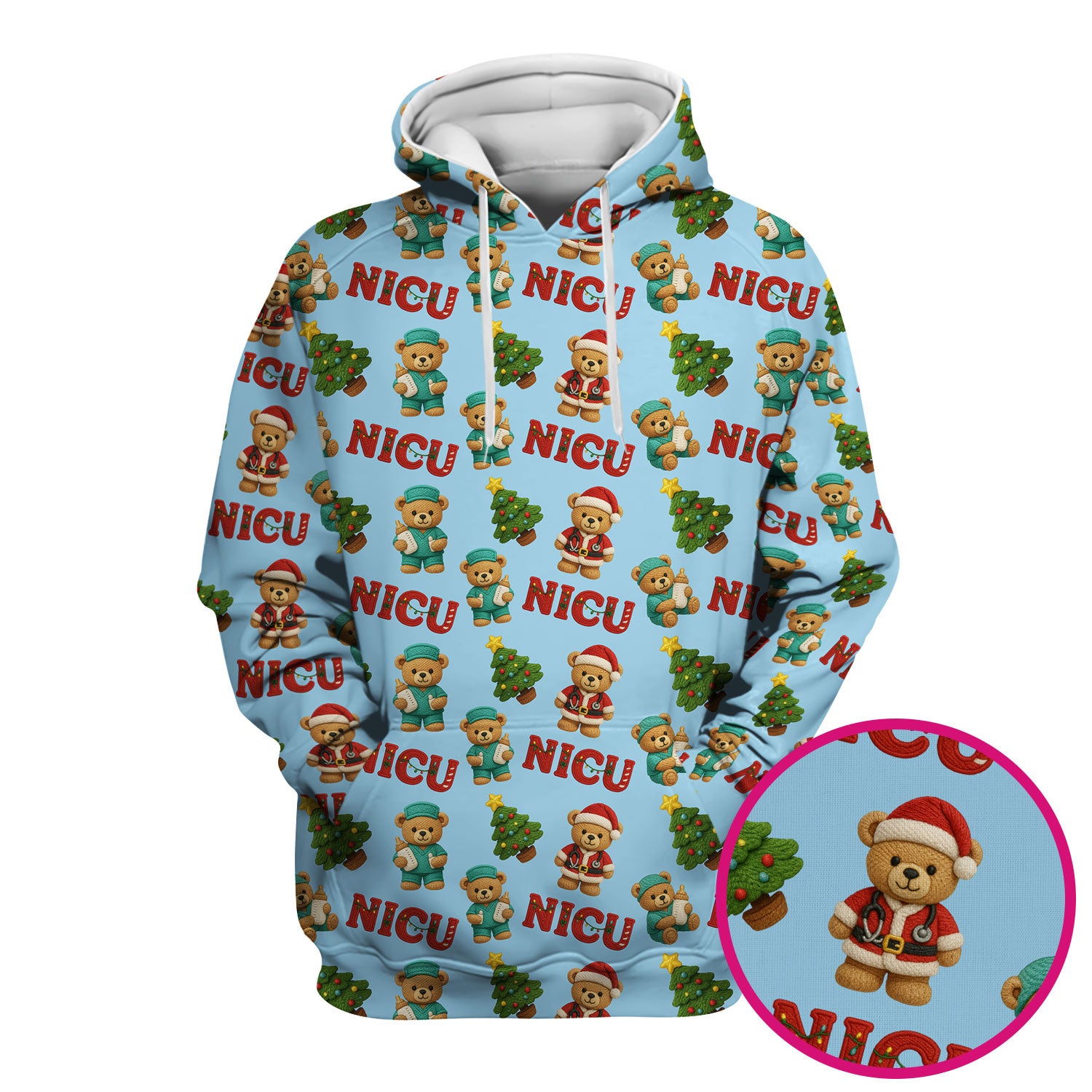 Festive Christmas NICU Nurse Teddy Bear Pattern, Breathable Fabrics Nursing Uniform