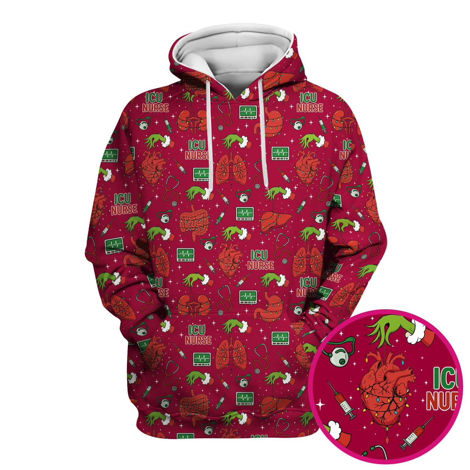 Christmas ICU Nurse Scrub Top - Funny Heart Anatomy Pattern - Holiday Nursing Shirt Gift for RN LPN CNA