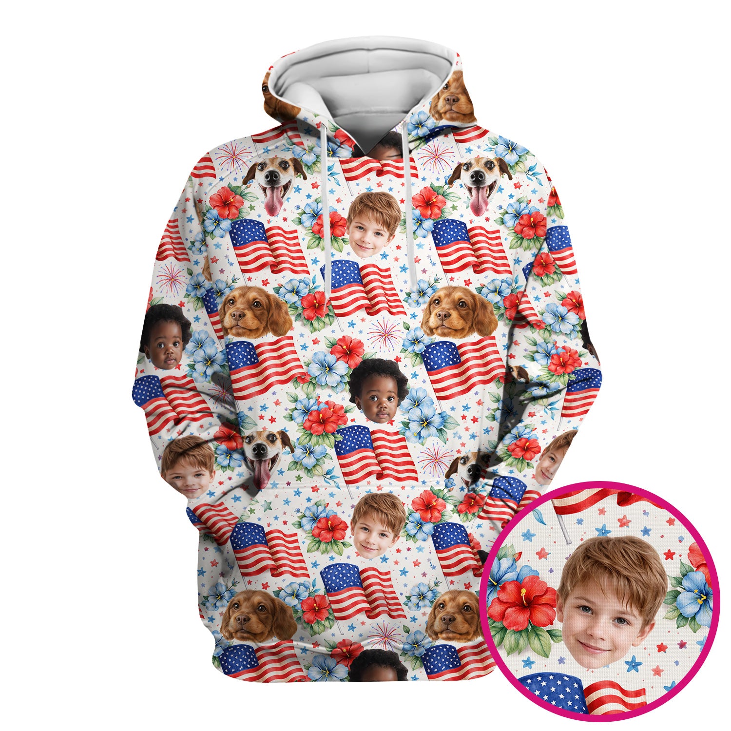 Custom Photo Patriotic Kids & Pet Faces Flag Nurse Scrub Top, Breathable Fabrics Nursing Uniform