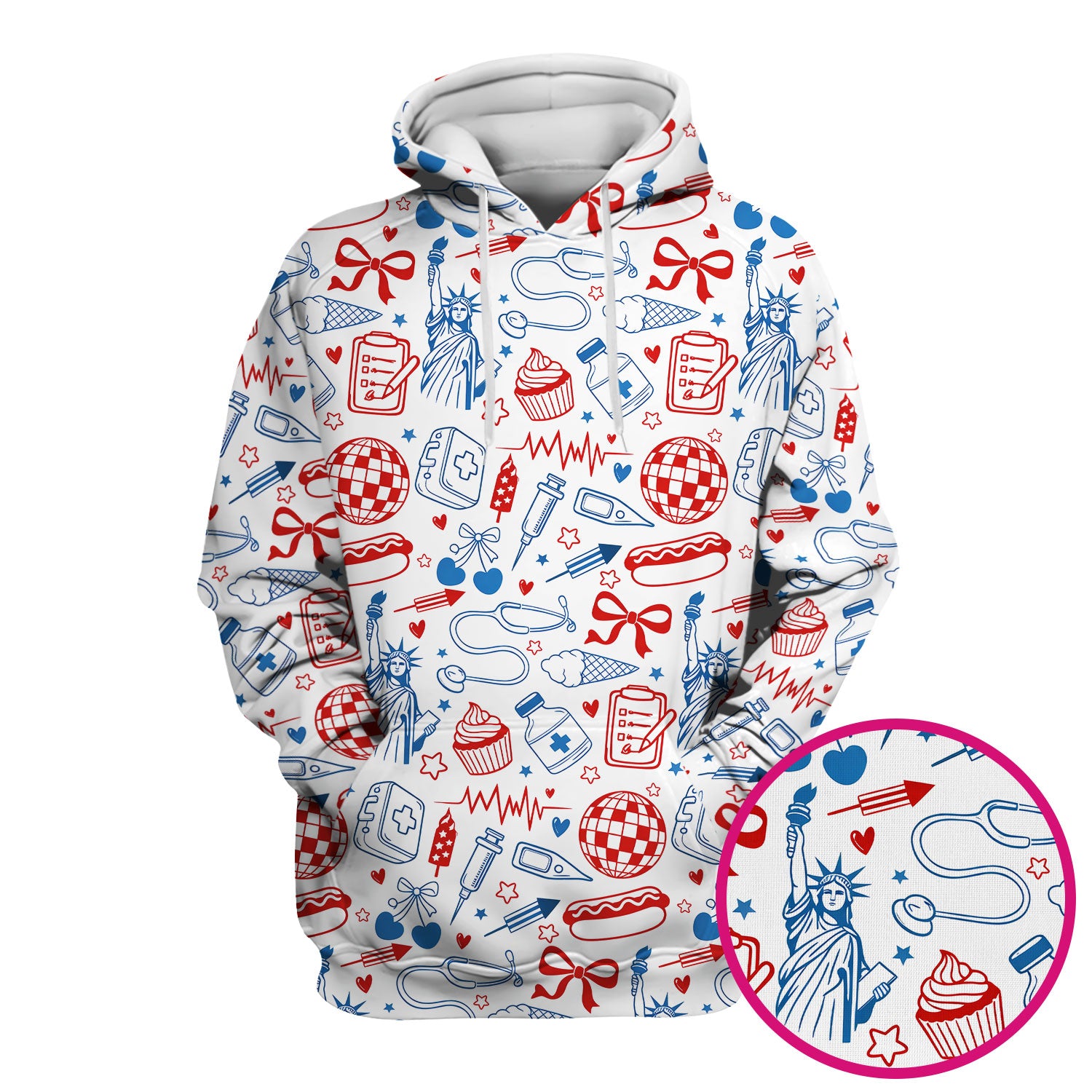 Patriotic Nurse Medical Icons Pattern Scrub Top, Breathable Fabrics Nursing Uniform