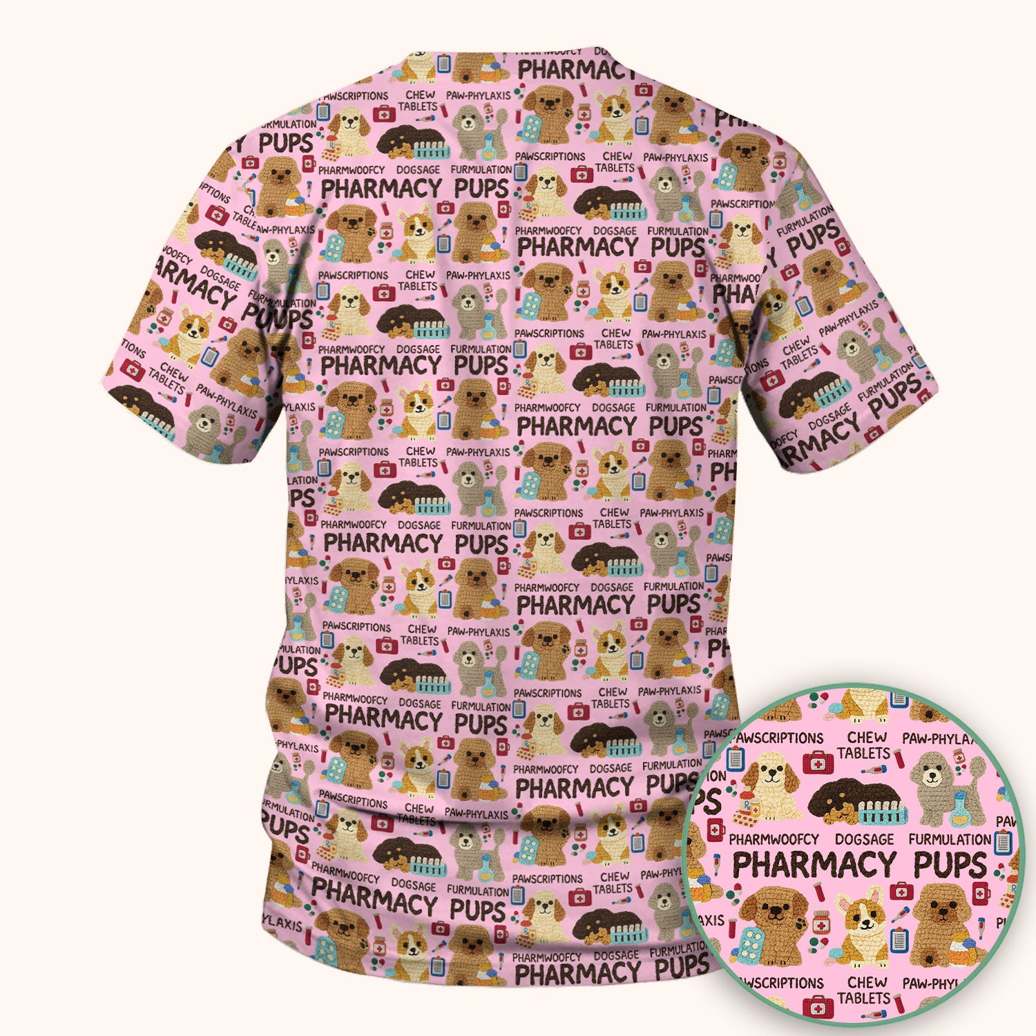 Pharmacy Pups Scrub Top for Women - Cute Dog Pattern Medical Shirt for Pharmacists & Vet Techs - Fun Blue Pharmacy Nurse Uniform