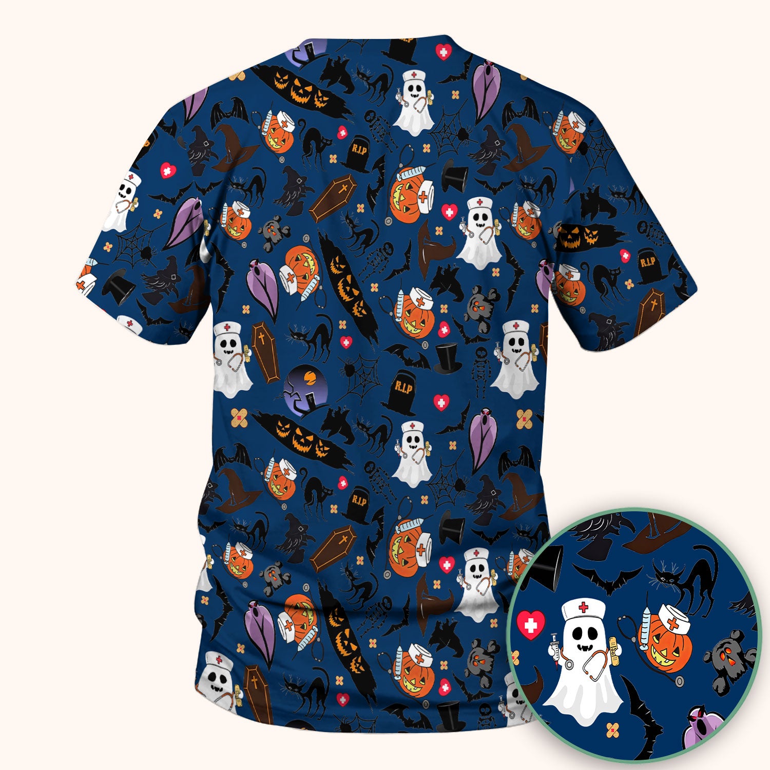 Spooky Halloween Scrub Top - Pumpkin Ghost Bat Nurse Shirt - Wicked Witch Medical Uniform for Women RN CNA LPN