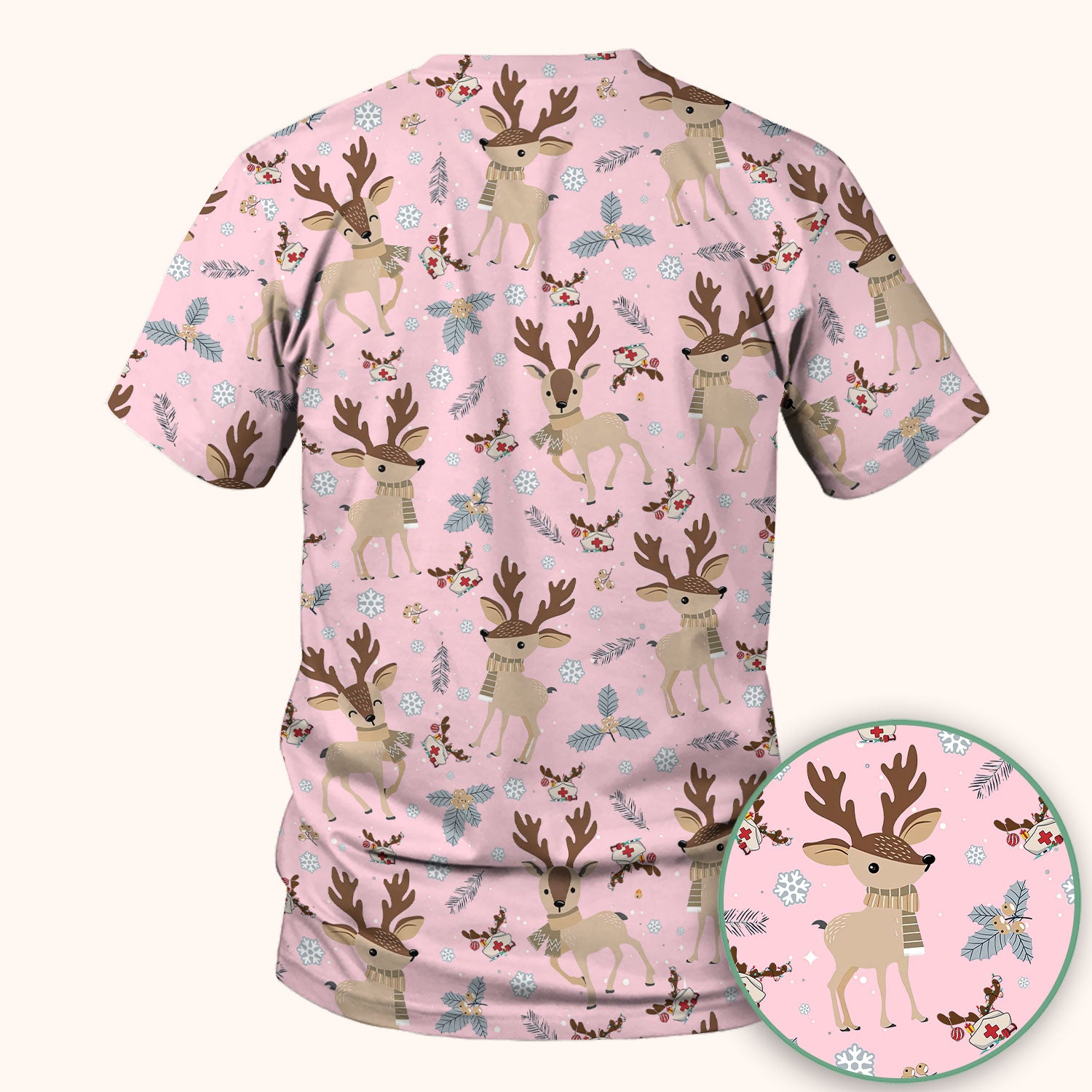 Reindeer Christmas Scrub Top - Cozy Beige Holiday Nurse Shirt with Cute Deer Pattern - Festive Medical Scrubs for Women RN CNA LPN