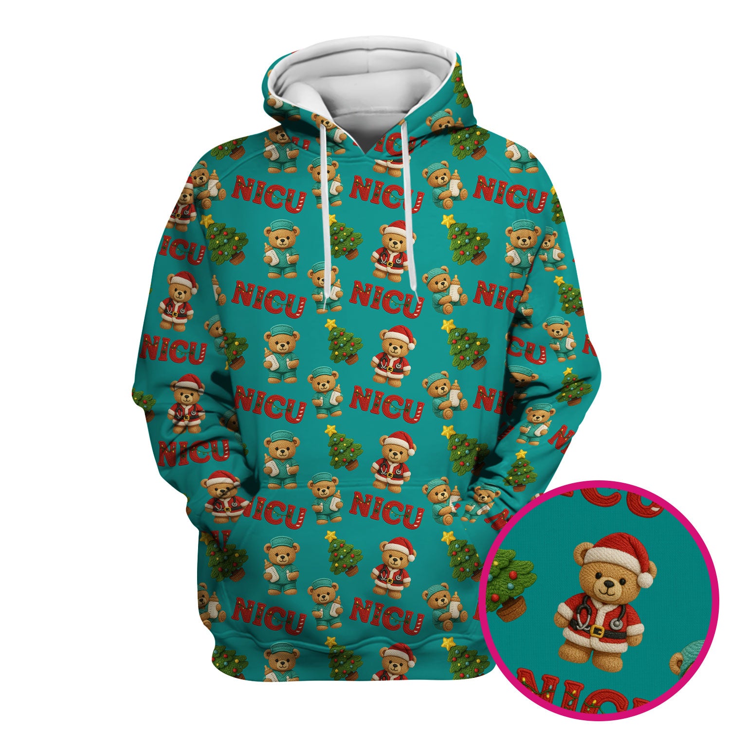 Festive Christmas NICU Nurse Teddy Bear Pattern, Breathable Fabrics Nursing Uniform