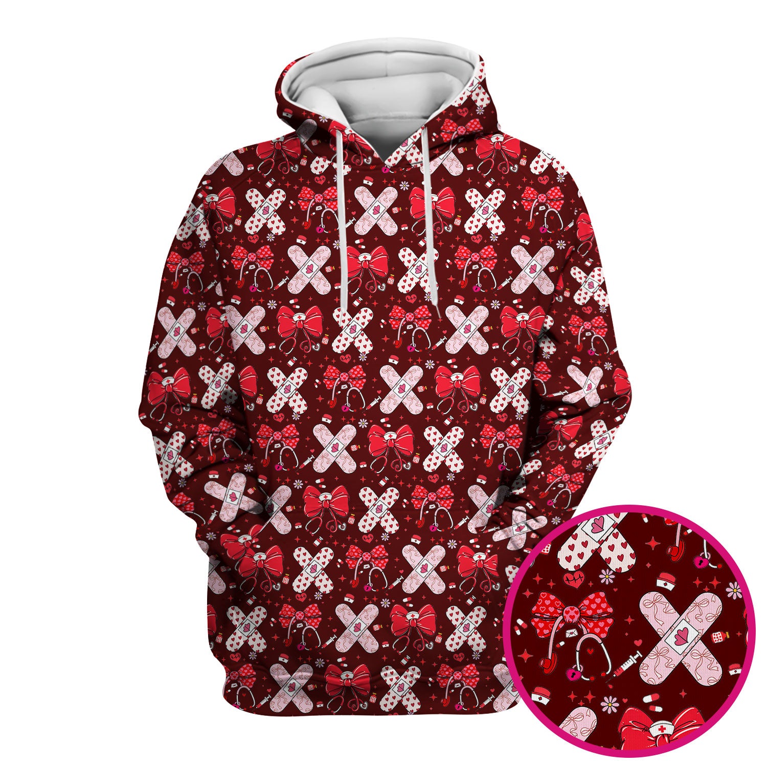 Valentine Nurse Scrub Top, Red Bow And Heart Bandage Pattern Medical Shirt, Breathable Fabrics Nursing Uniform