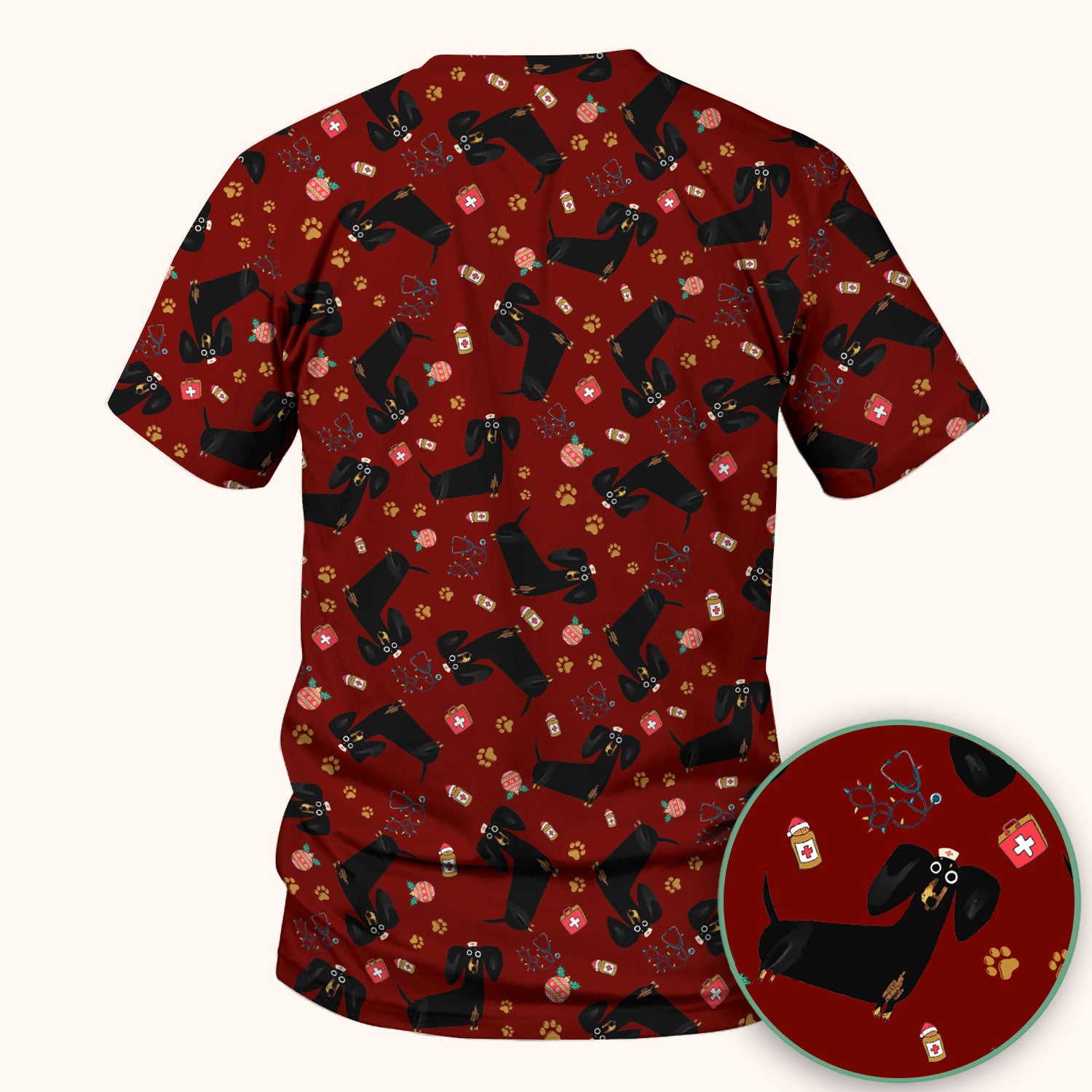 Funny Wiener Dog Scrub Top for Nurses - Cute Black Dachshund Medical Shirt - Dog Lover Nursing Uniform Gift for Women