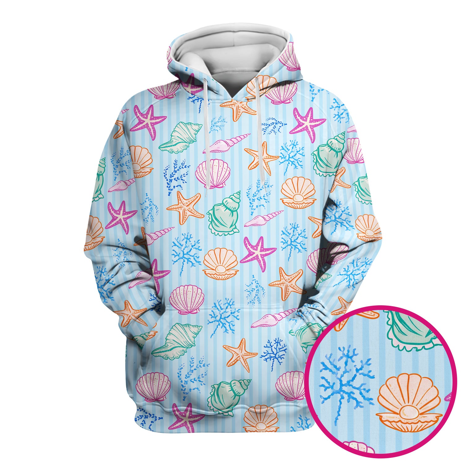 Colorful Seashell Starfish Ocean Stripe Pattern Scrub Top, Breathable Fabrics Nursing Uniform