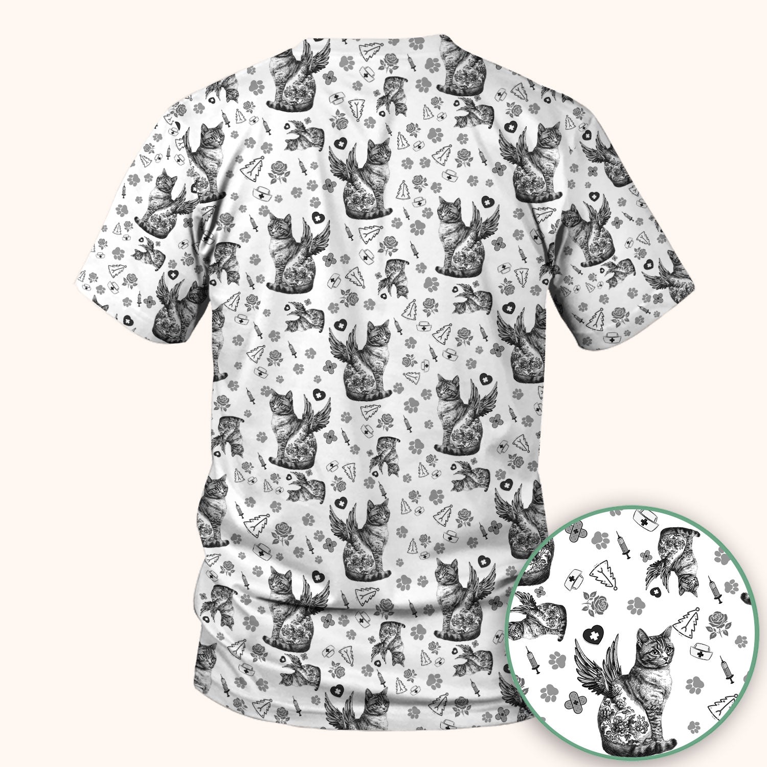 Toile de Jouy Cat Angel Scrub Top - Blue Vintage Nurse Shirt - French Style Medical Uniform for Women RN LPN CNA Gift
