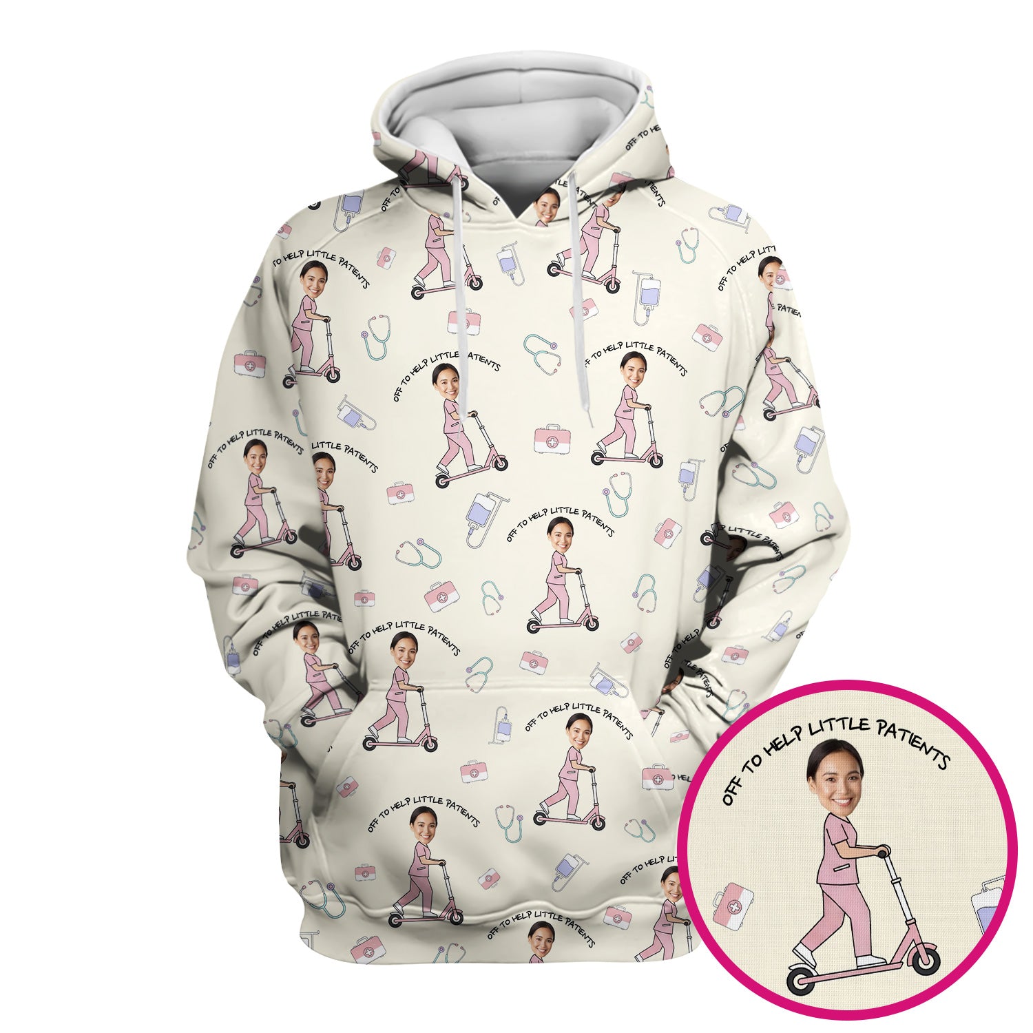 Custom Face Pediatric Nurse Scooter Pattern Scrub Top, Comfortable Scrubs for Nurses