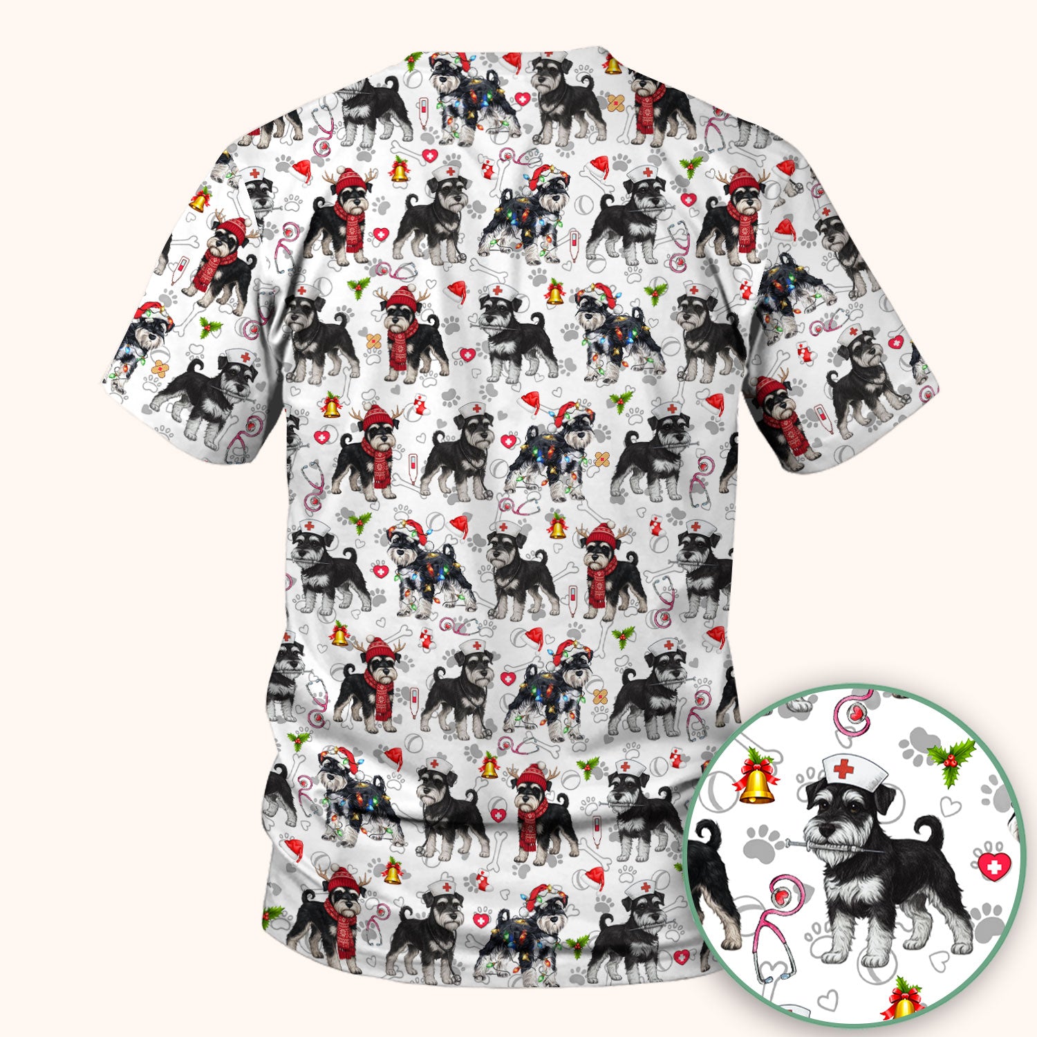 Christmas Schnauzer Scrubs for Nurses - Cute Dog Holiday Scrub Top - Funny Santa Nursing Medical Shirt for Women