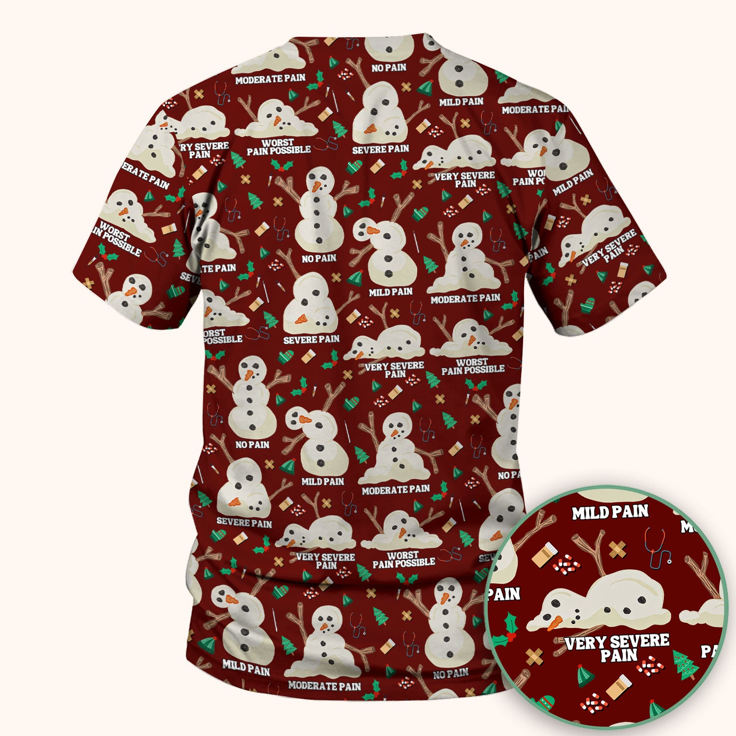 Funny Snowman Pain Scale Scrub Top for Nurse - Christmas Medical Shirt for Women RN LPN CNA - Cute Winter Nursing Uniform