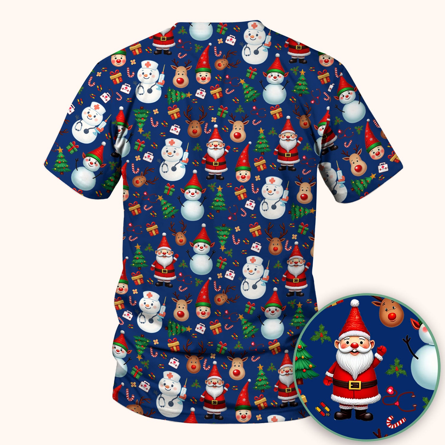 Christmas Scrub Top for Nurses - Cute Snowman Reindeer Santa Pattern - Holiday Medical Uniform RN CNA LPN Gift