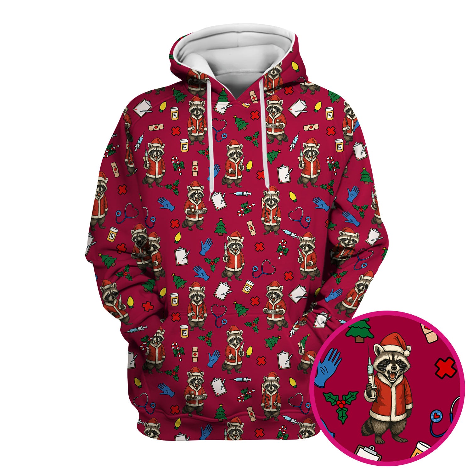 Festive Raccoon Pattern Scrub Top - Christmas Santa Print Medical Shirt - Fun Holiday Gift for RN LPN CNA Women