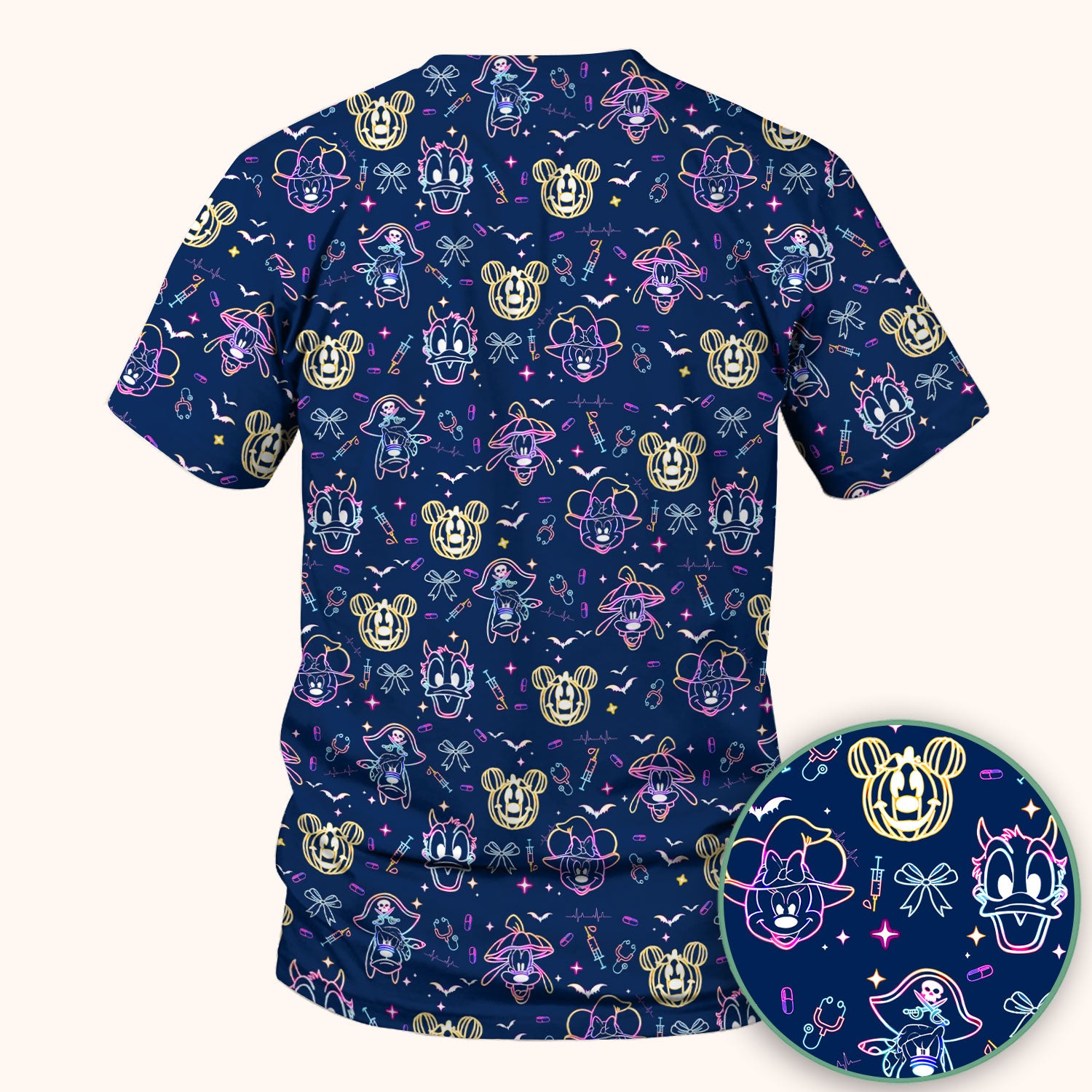 Neon Mouse Halloween Scrub Top for Nurses - Spooky Faces and Scary Pumpkin Shirt - Funny Med Uniform Gift for Women