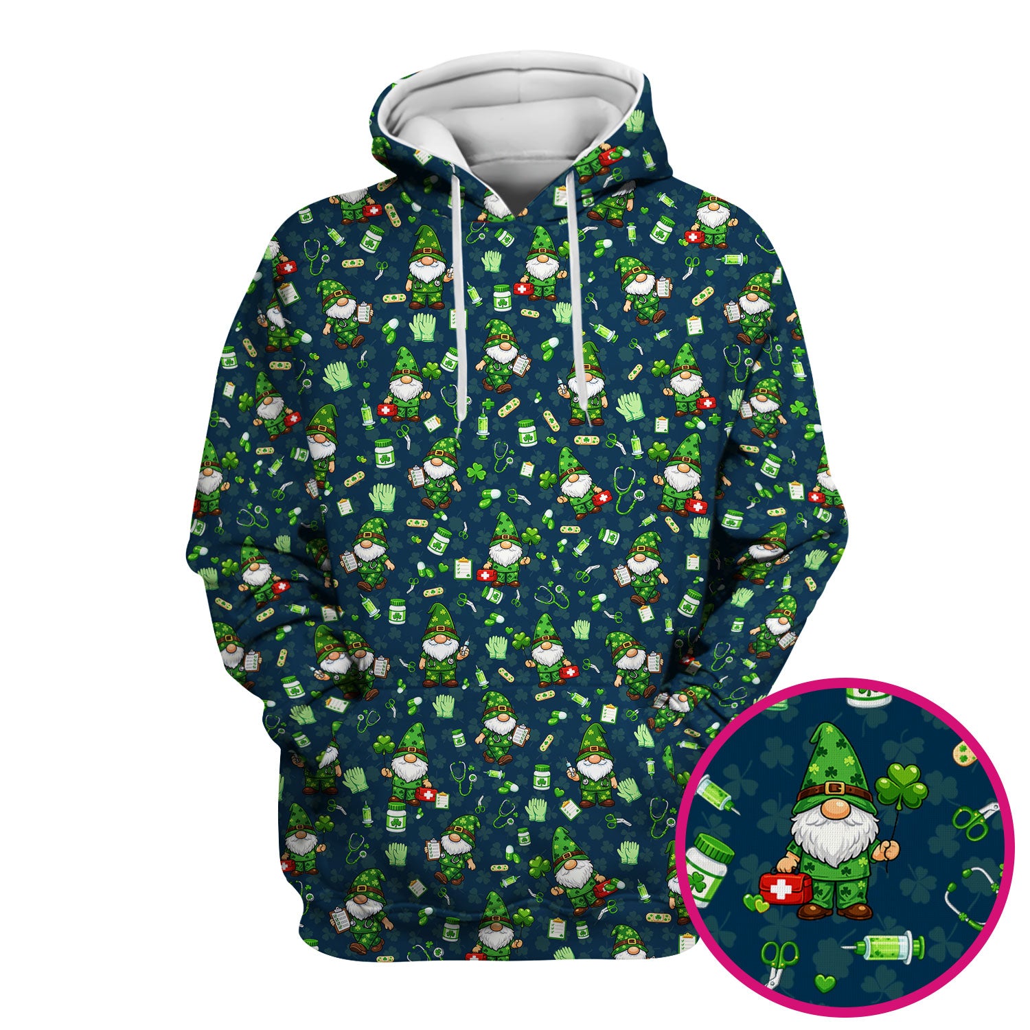 St. Patrick’s Day Nurse Gnome Scrub Top, Green Lucky Medical Pattern Nurse Shirt, Breathable Fabrics Nursing Uniform