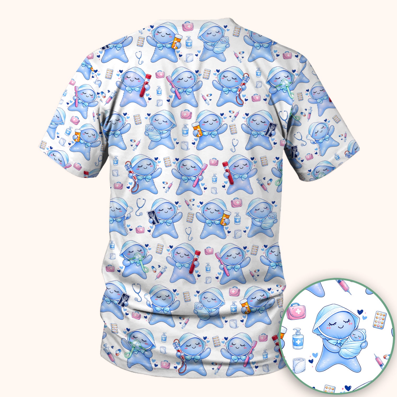 Cute Tooth Character Dental Tools Caring Pattern Scrub Top, Breathable Fabrics Nursing Uniform