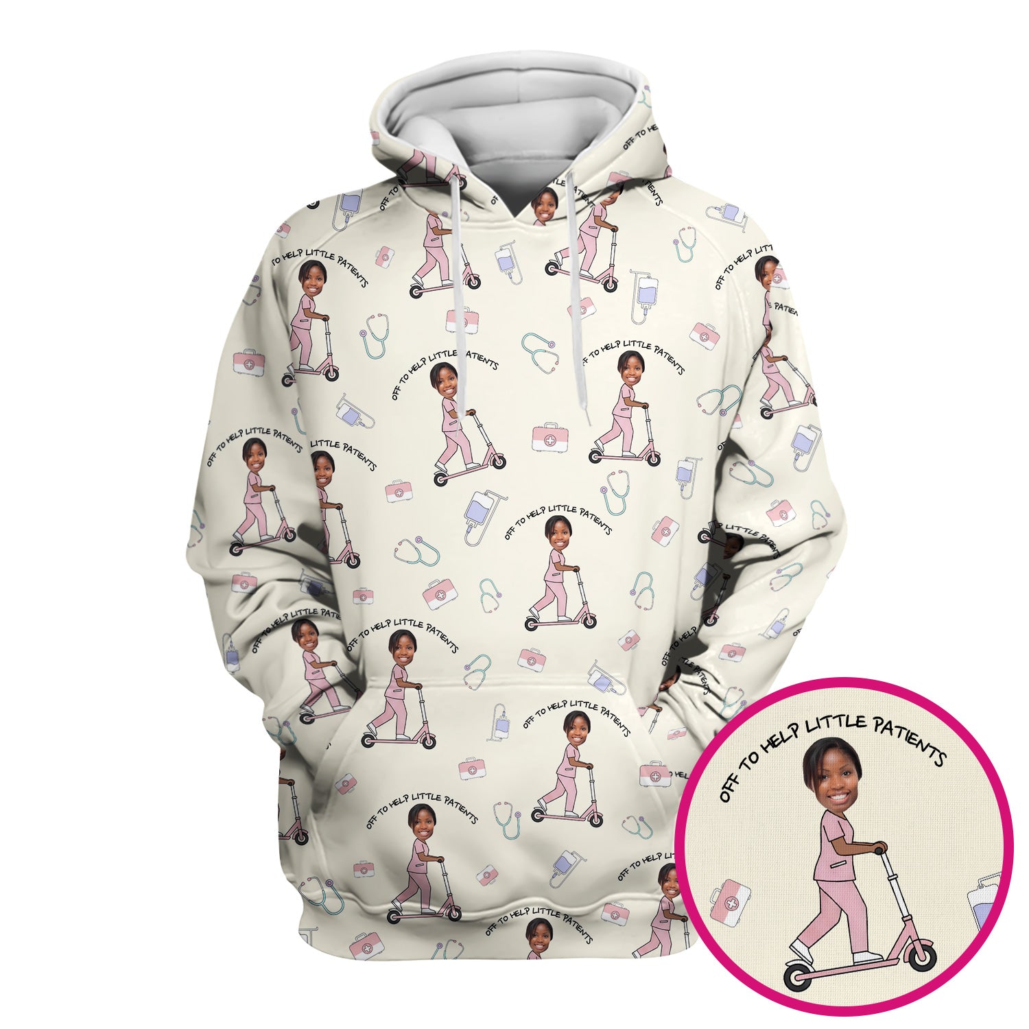 Custom Face Pediatric Nurse Scooter Pattern Scrub Top, Comfortable Scrubs for Nurses