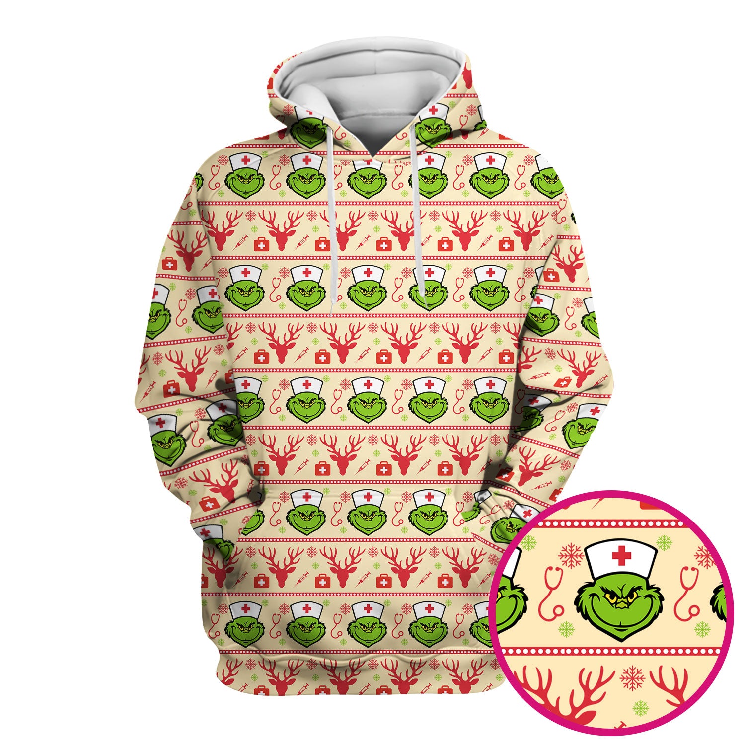 Grinch Nurse Ugly Christmas Scrub Top - Funny Holiday Nursing Scrubs Shirt - Cute Medical Workwear for Women with Festive Pattern