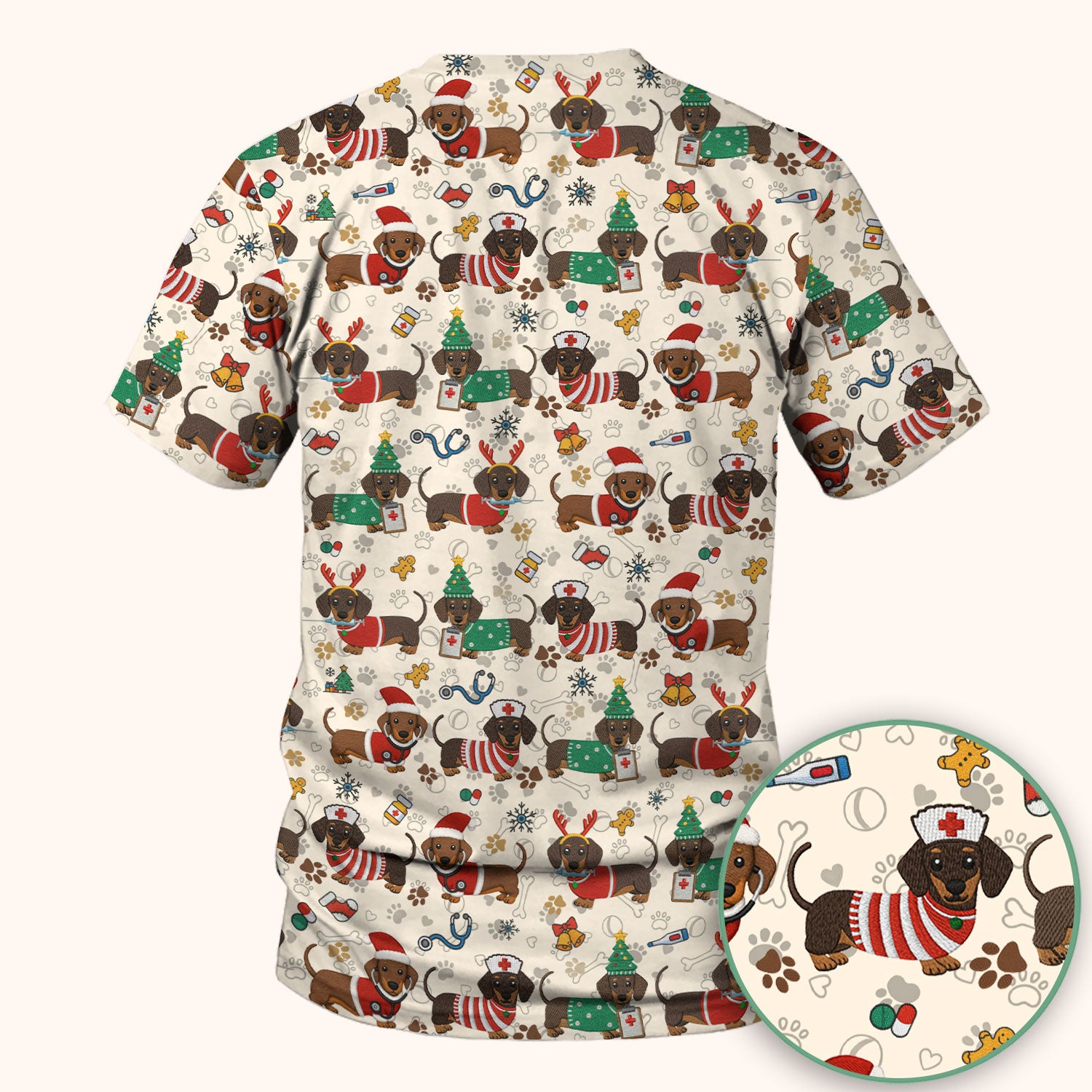 Christmas Dachshund Scrub Top for Nurses - Cute Wiener Dog Pattern Medical Shirt - Festive Holiday Scrubs Gift for Women RN CNA LPN