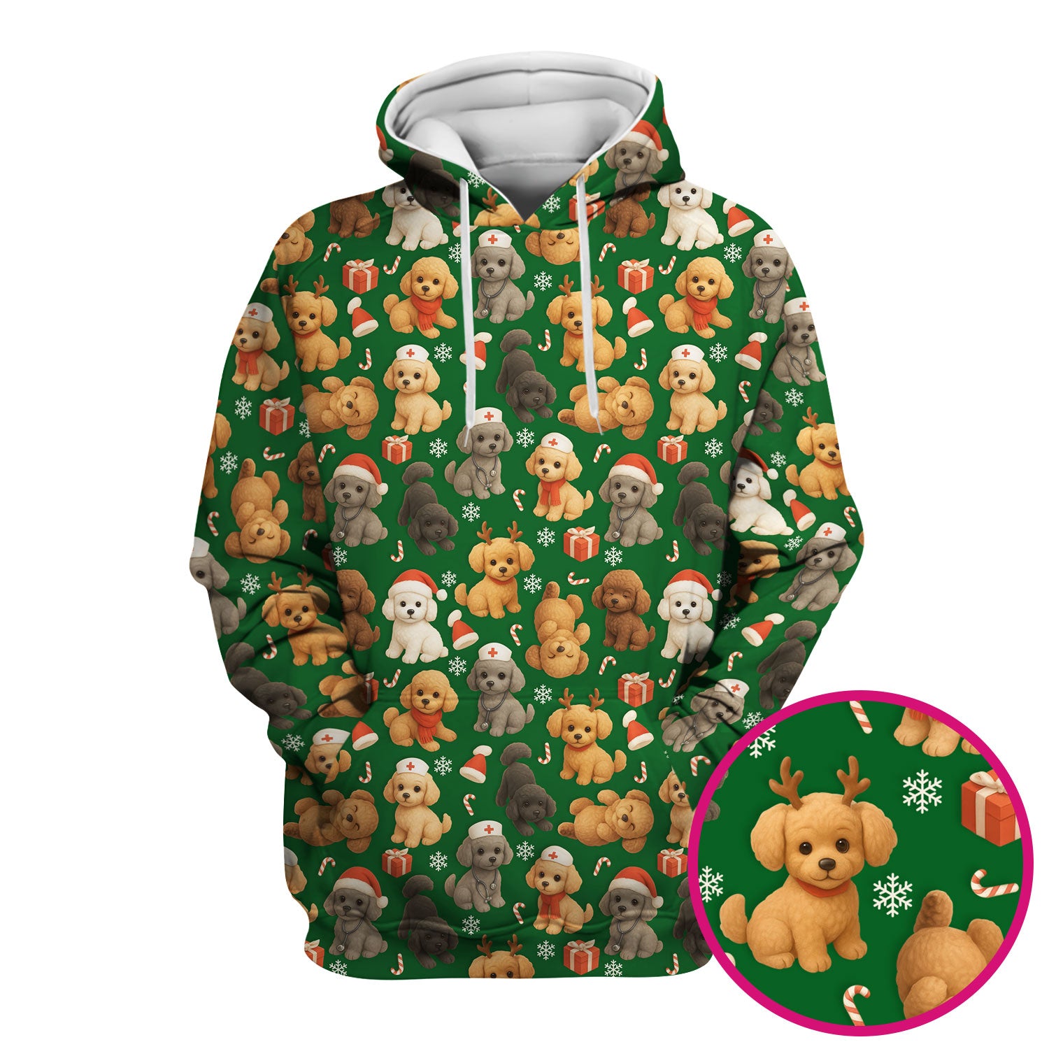Christmas Poodle Scrubs for Women - Cute Dog Pattern Medical Scrub Top - Festive Holiday Christmas Scrubs with Adorable Poodle Design