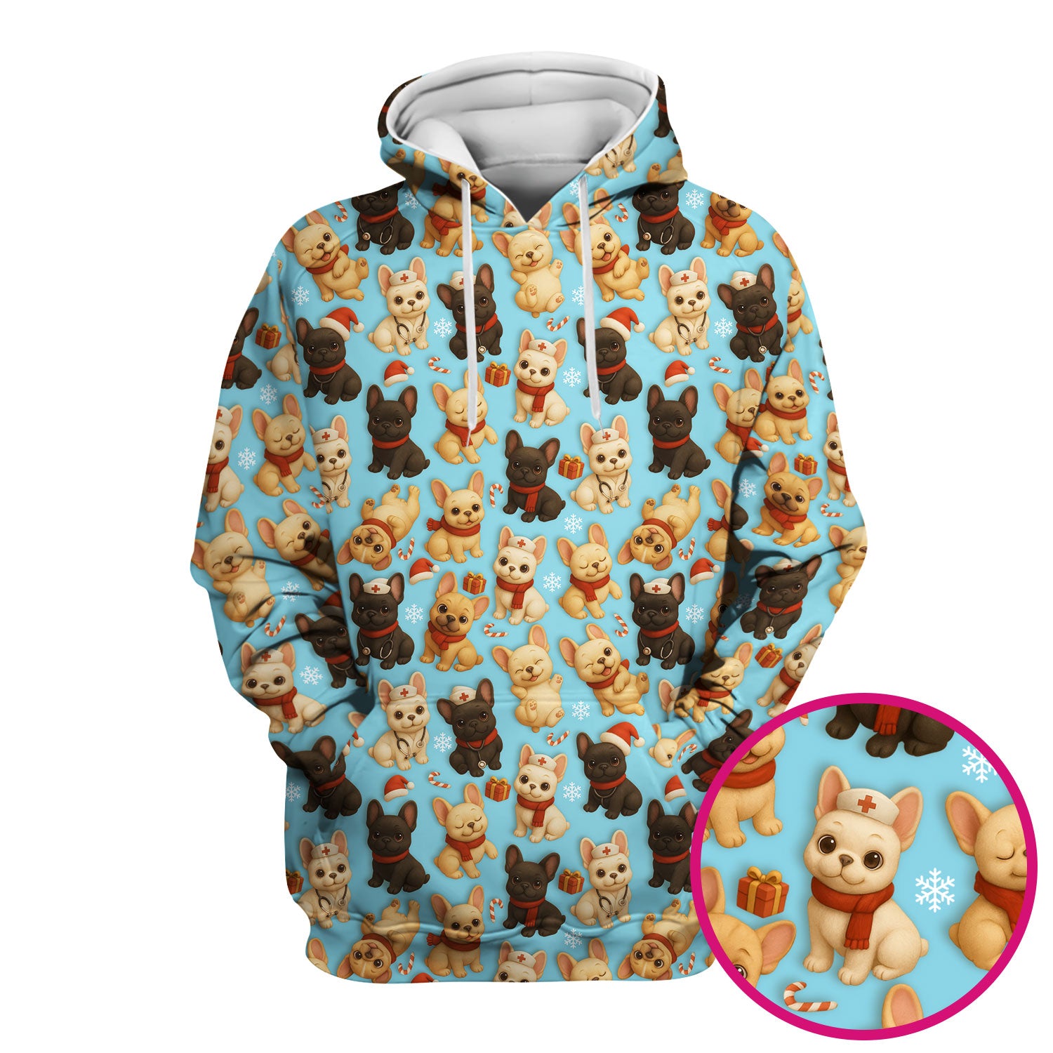 Christmas Dog Scrubs for Women - Cute French Bulldog Pattern Medical Scrub Top - Festive Holiday Nurse Scrubs with Adorable Puppy Design