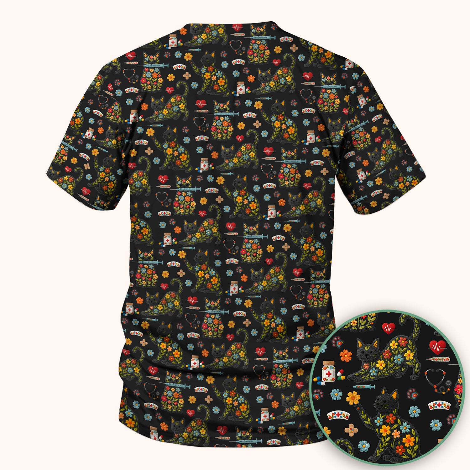 Floral Black Cat Pattern Scrub Top, Cute Cat Nurse Scrub Shirt, Medical Nursing Uniform