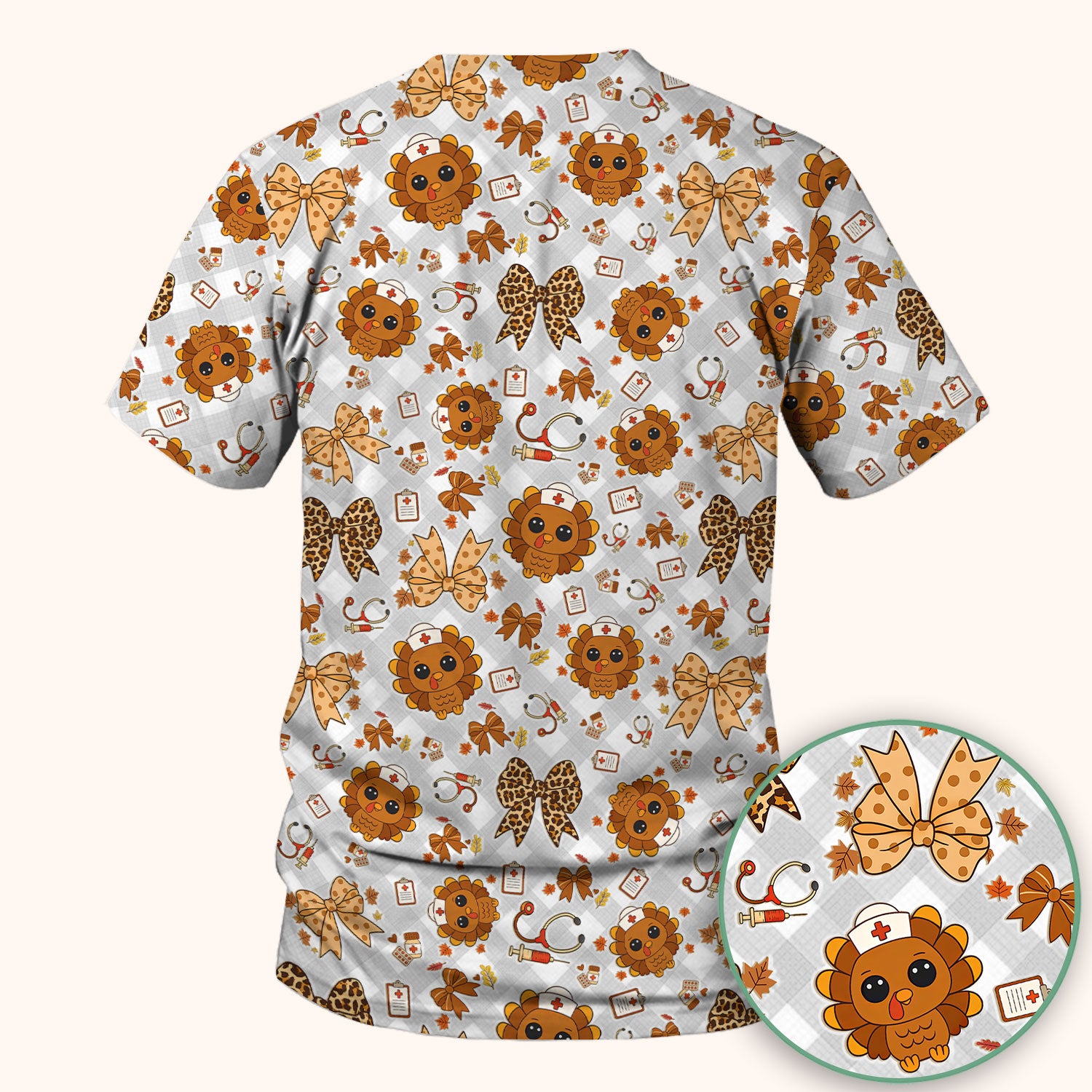 Thanksgiving Turkey Scrub Top for Nurses - Cute Fall Leaves and Bow Shirt - Funny Autumn Nursing Gift for Women RN LPN CNA
