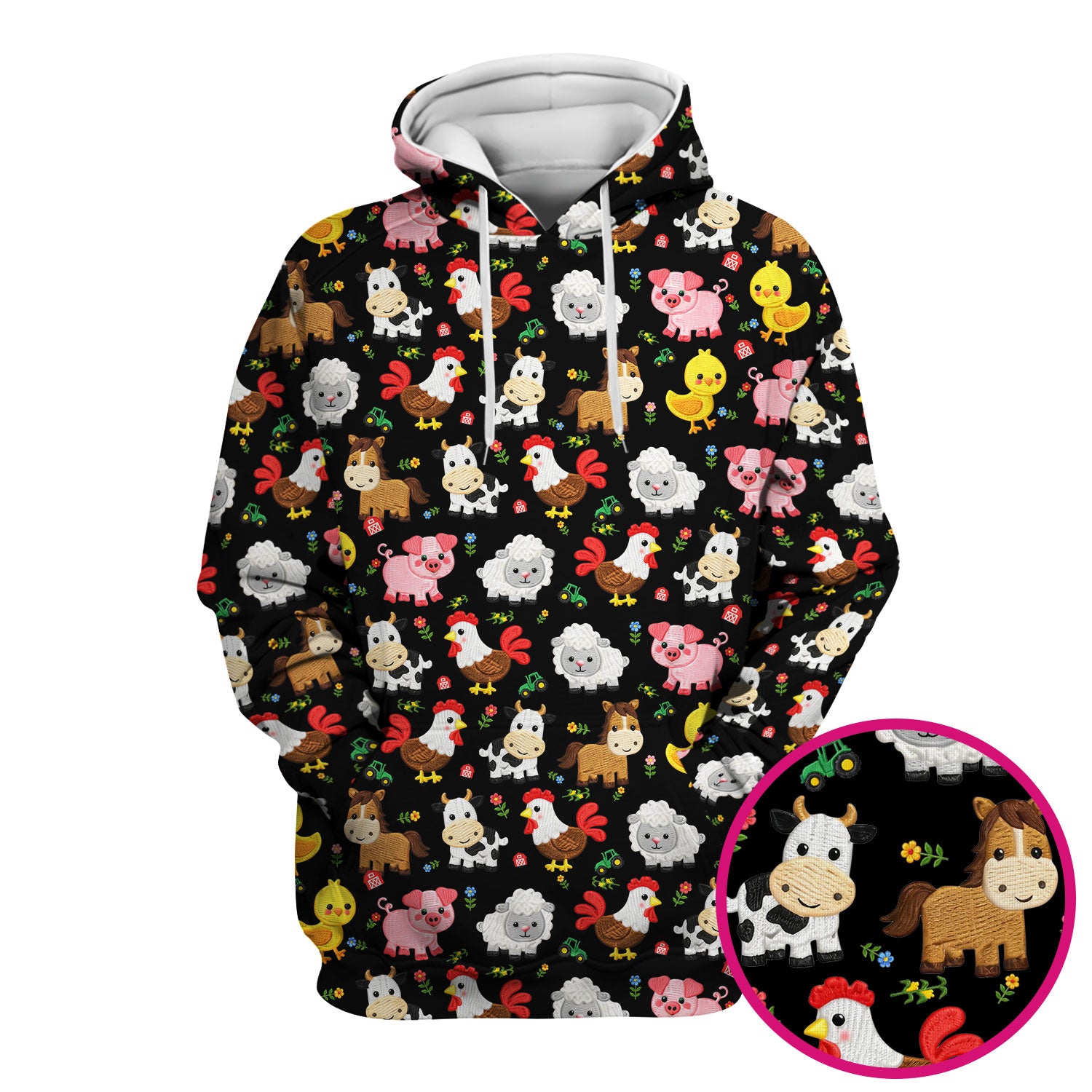 Cartoon Farm Animal Pattern Scrub Top, Breathable Fabrics Nursing Uniform