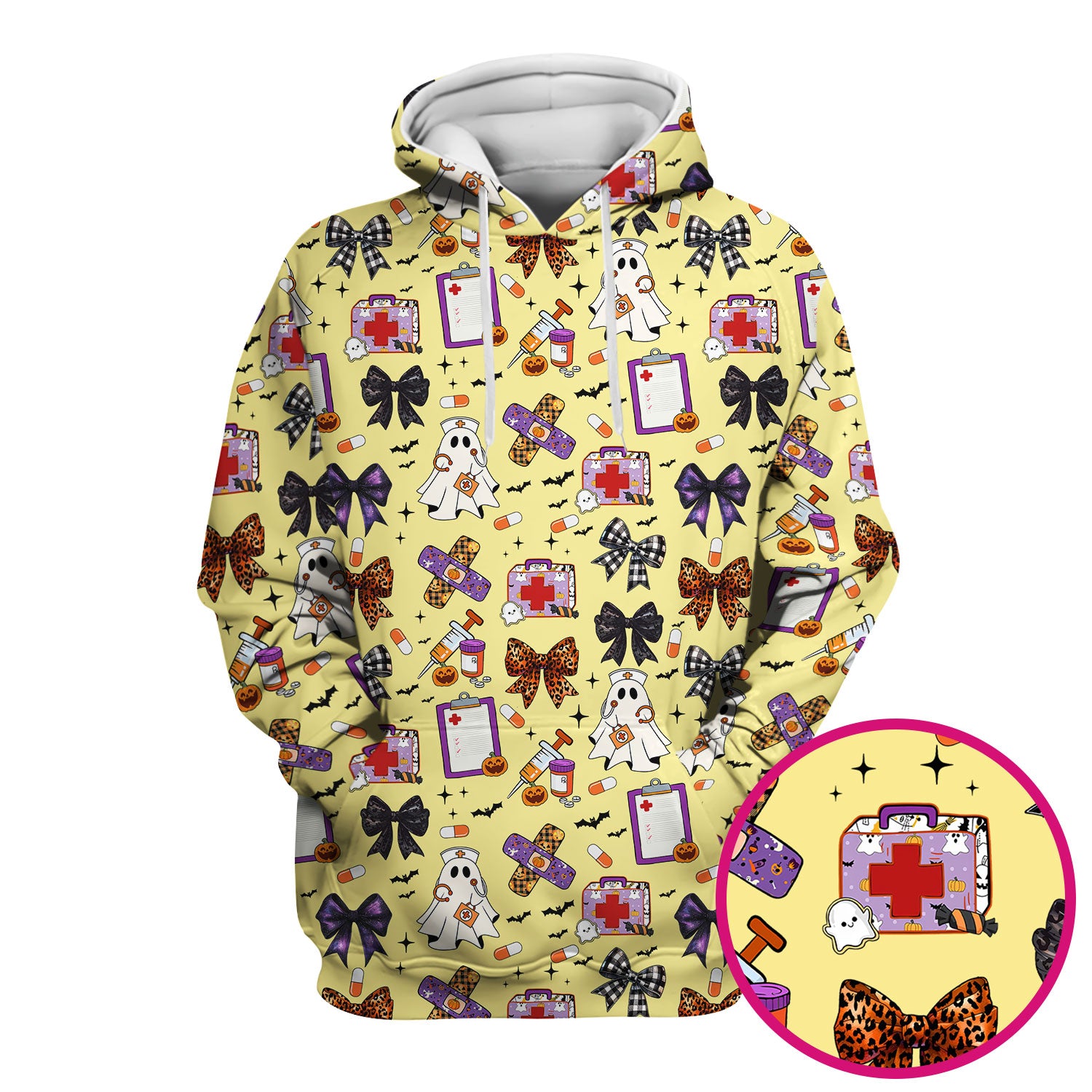 Halloween Nurse Scrub Top - Cute Ghost & Bow Medical Scrubs - Yellow Nursing Shirt with Colorful Halloween Print