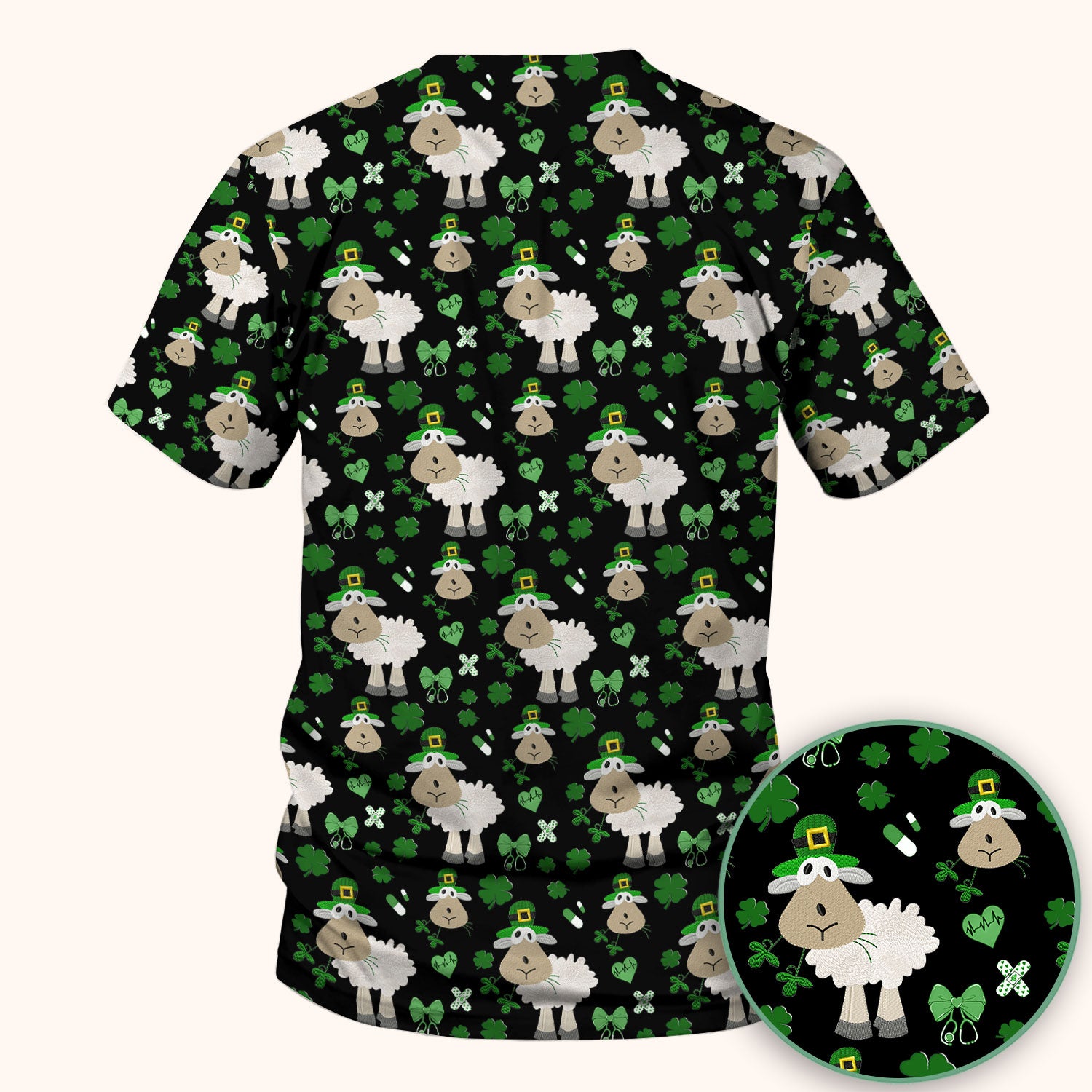 Nurse St. Patrick Scrubs Top, Cute Sheep Shamrock Pattern Nurse Shirt, Breathable Fabrics Nursing Uniform