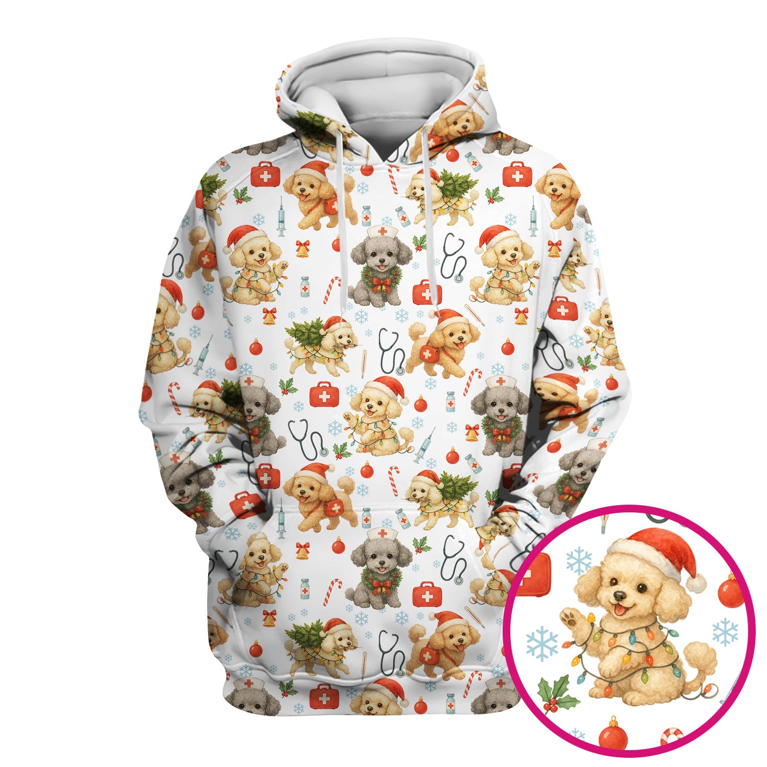 Cute Christmas Dog Scrub Top - Puppy Nurse Shirt Santa Hat Print - Holiday Medical Scrubs Gift for Women CNA RN Doctor