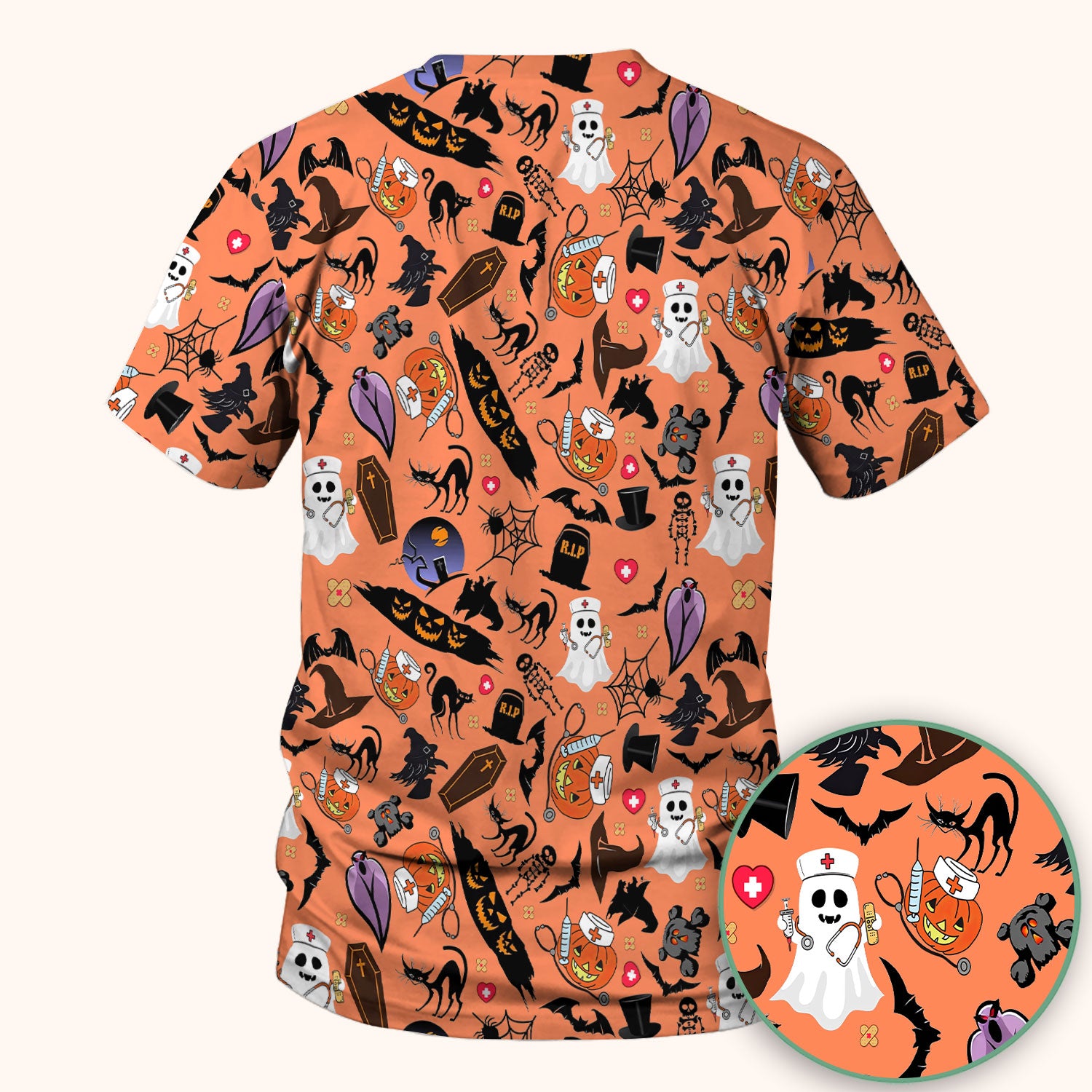 Spooky Halloween Scrub Top - Pumpkin Ghost Bat Nurse Shirt - Wicked Witch Medical Uniform for Women RN CNA LPN