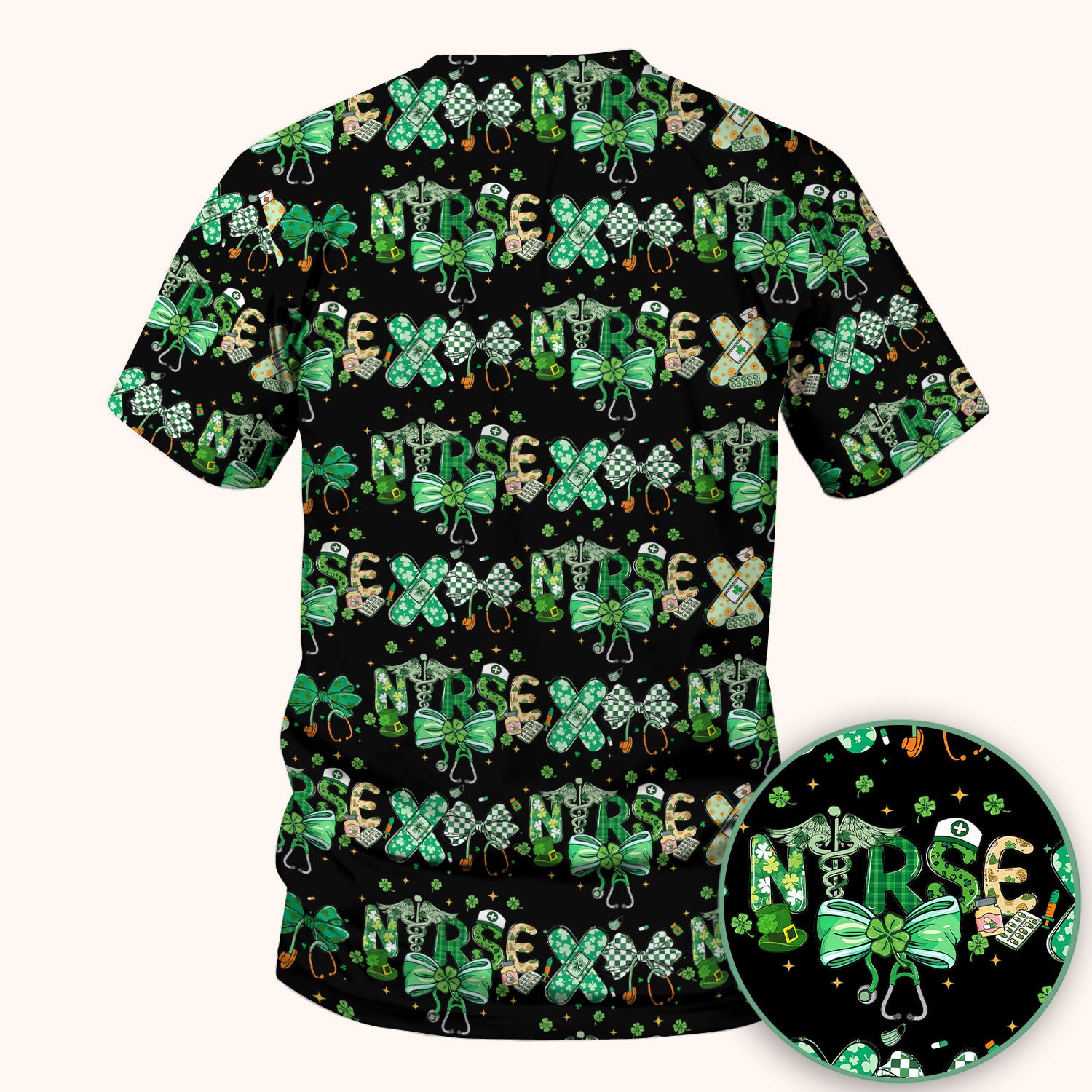 St. Patrick’s Nurse Scrub Top, Lucky Clover And Green Bow Pattern Nurse Shirt, Breathable Fabrics Nursing Uniform