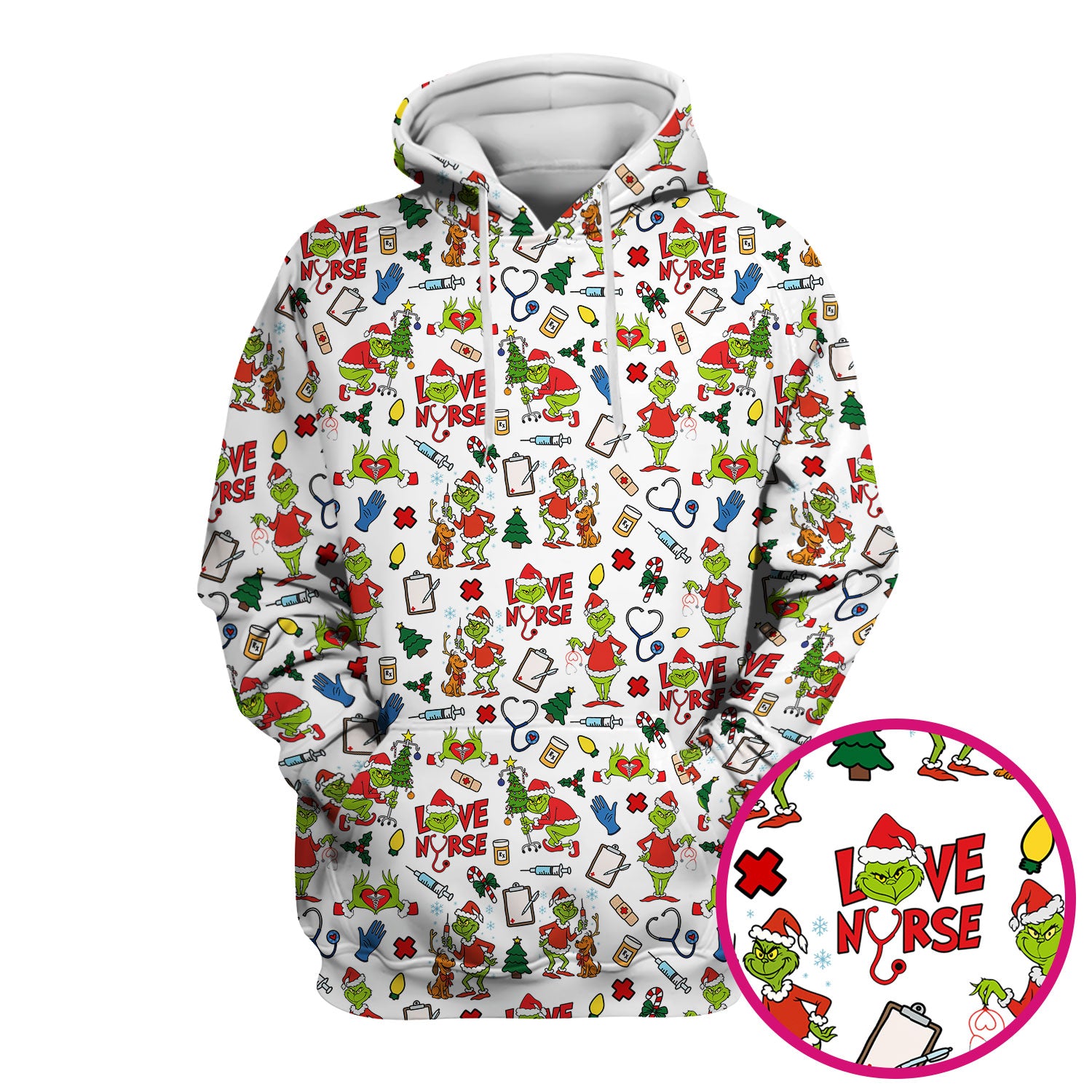 Funny Grinch Love Nurse Scrub Top - Multi Color Christmas Scrub Shirt - Cute Holiday Nursing Workwear with Pockets for Women
