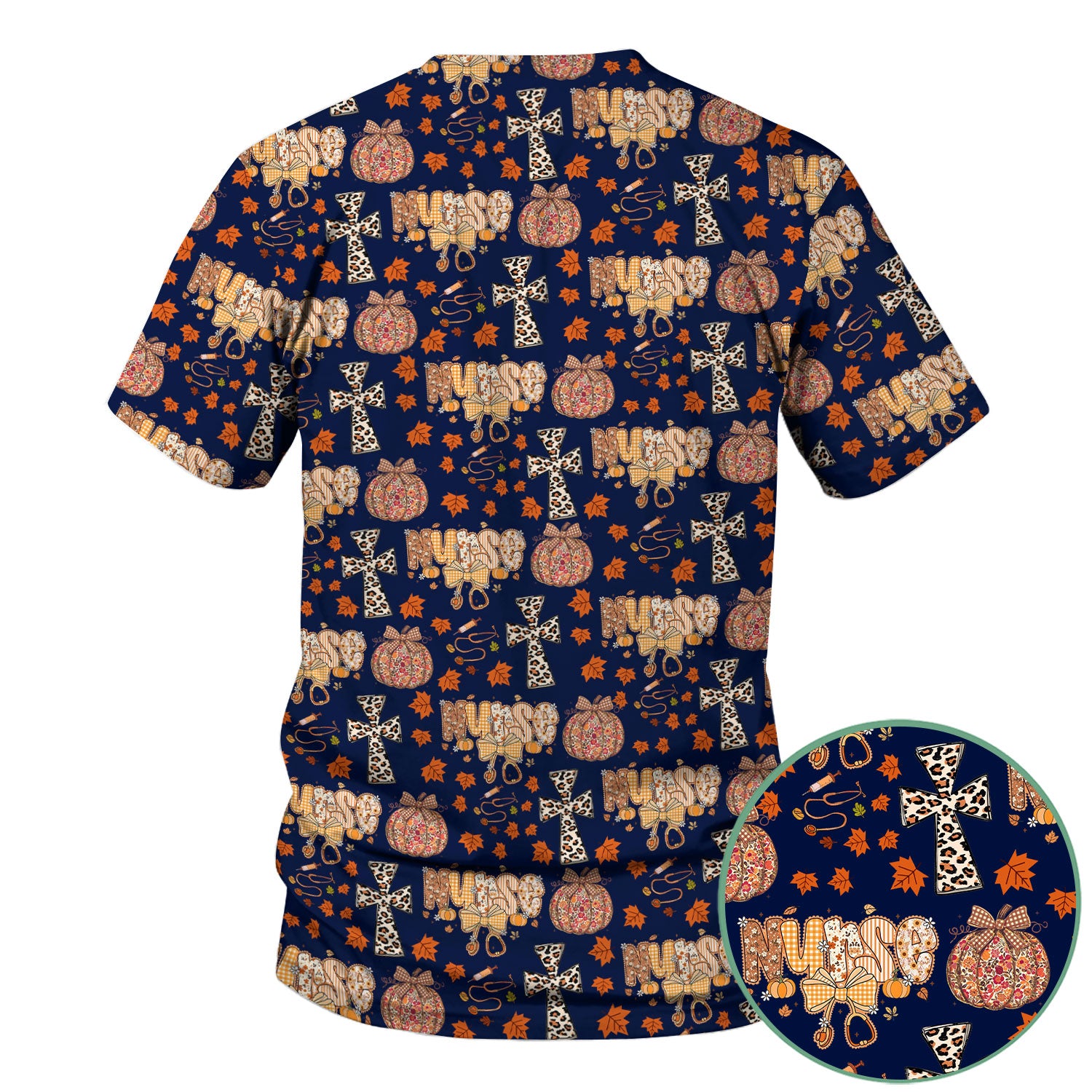 Floral Pumpkin Scrub Top for Women - Coquette Bow Thanksgiving Shirt - Comfortable Medical Uniform