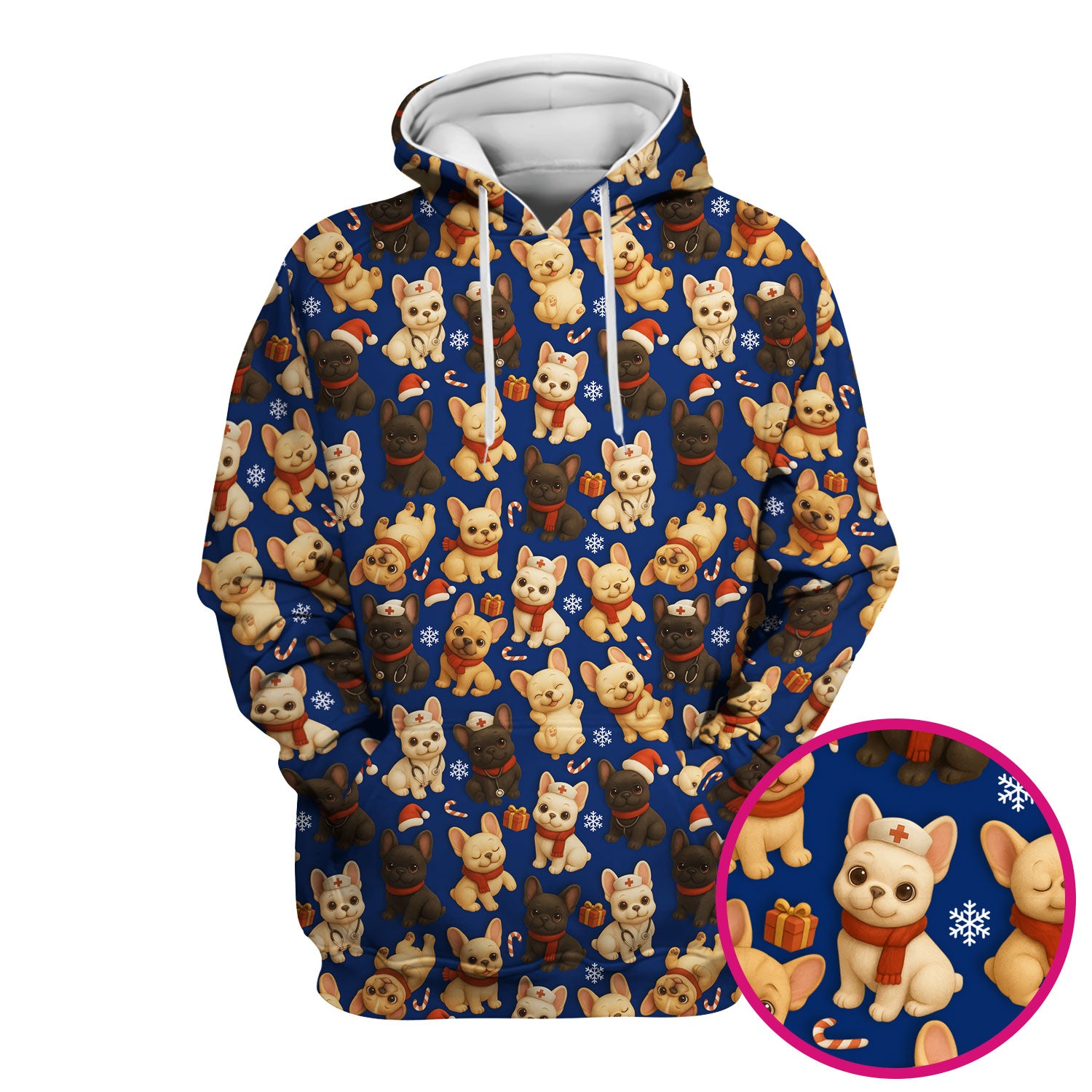 Christmas Dog Scrubs for Women - Cute French Bulldog Pattern Medical Scrub Top - Festive Holiday Nurse Scrubs with Adorable Puppy Design