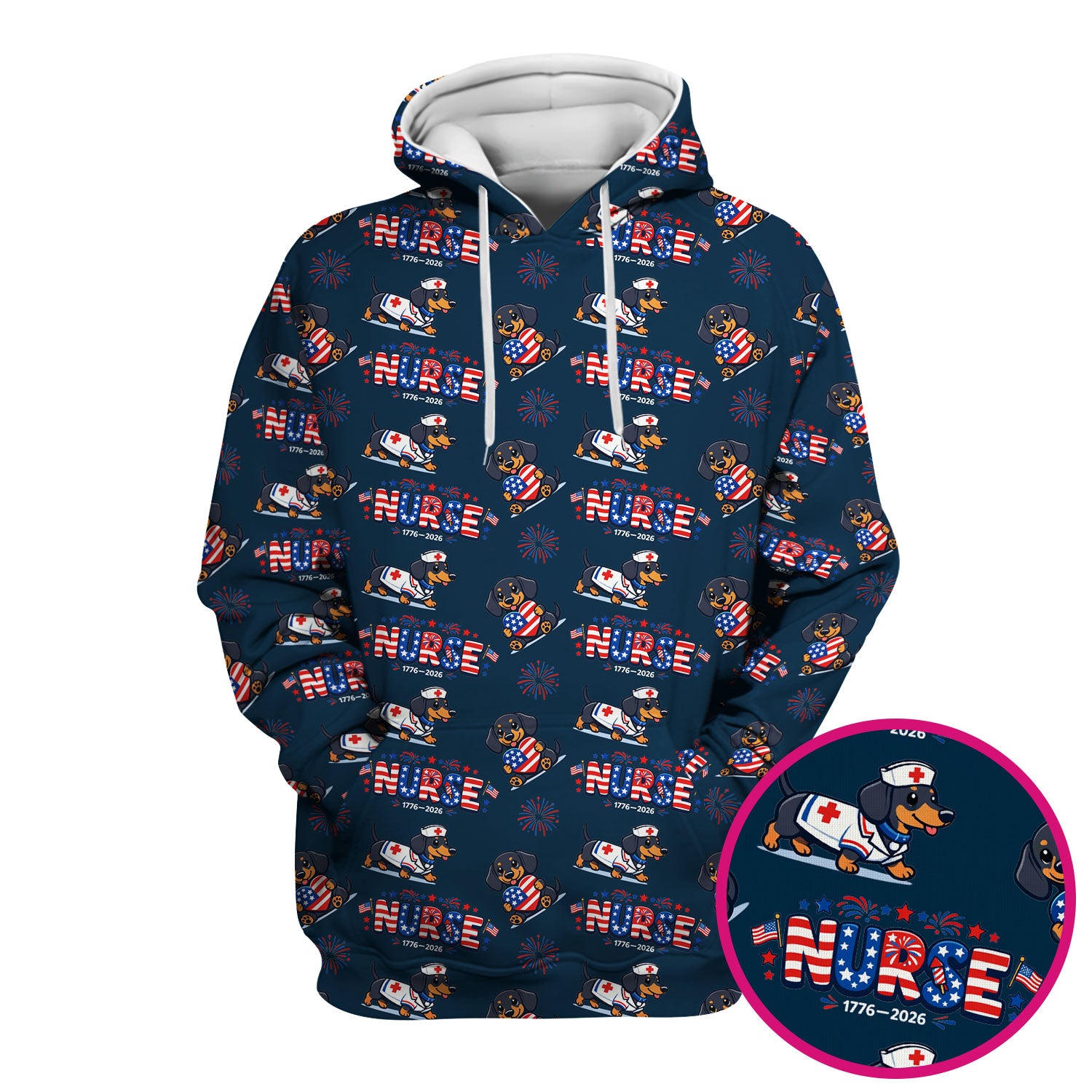 Proud Nurse Patriotic Dachshund Medical Firework Pattern Scrub Top, Comfortable Scrubs for Nurses