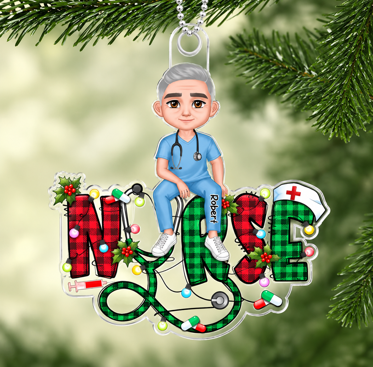 Personalized Sitting Nurse Acrylic Ornament – Christmas Plaid & Lights Custom Name Nurse Gift