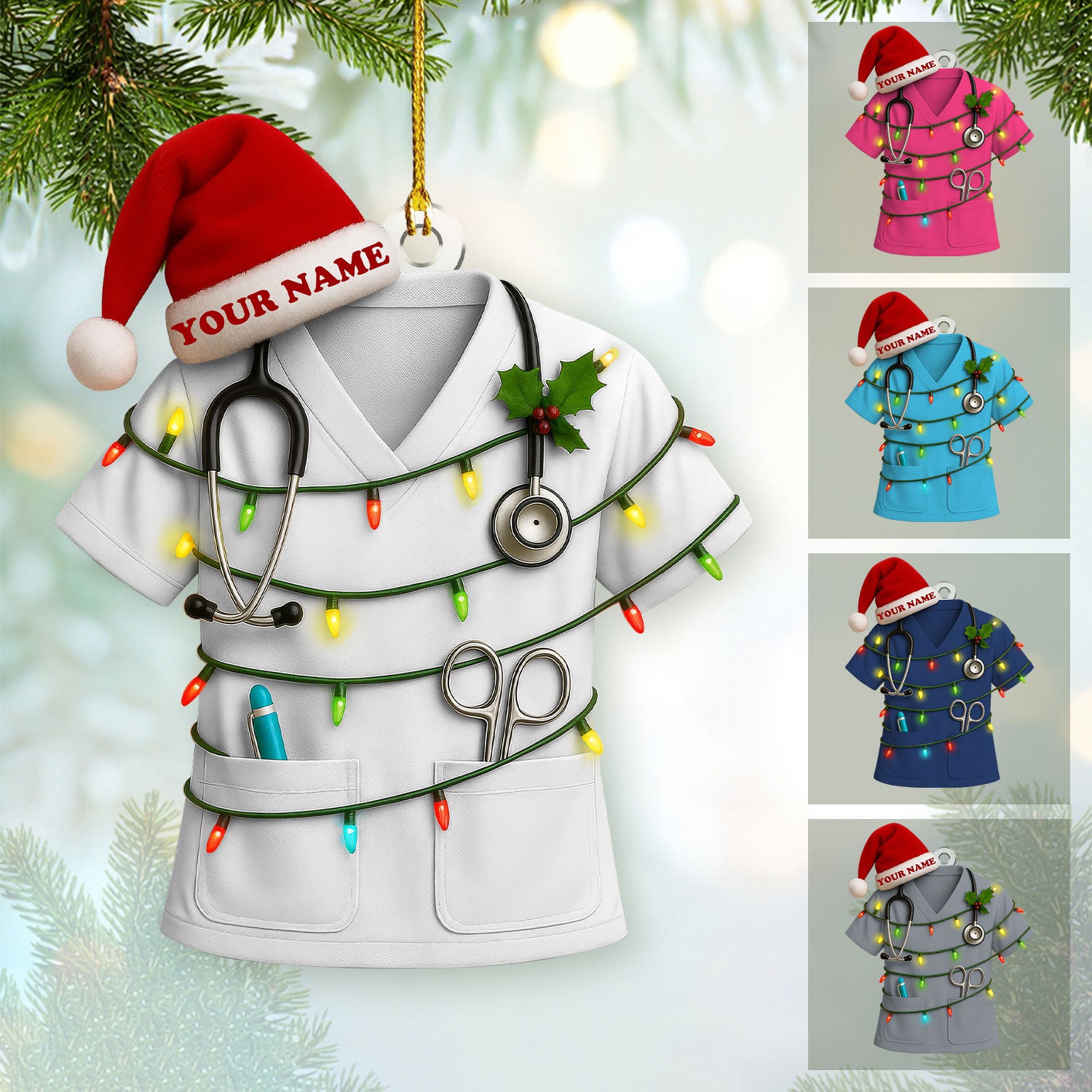Custom Nurse Ornament Christmas - Personalized Scrub Shirt with Name & Stethoscope - Cute Medical Gift for RN CNA Doctor, Holiday Decor
