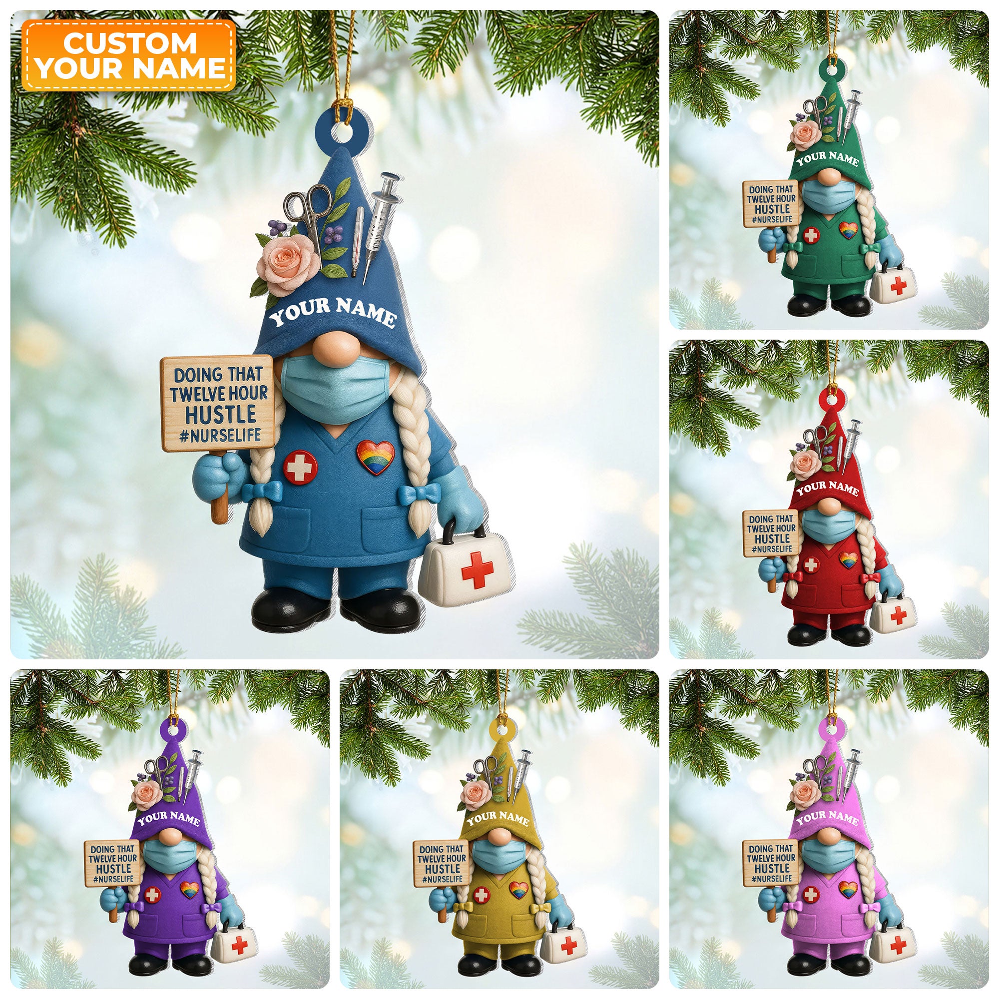 Personalized Nurse Gnome Ornament, Christmas Gift, Twelve Hour Hustle NurseLife, RN LPN CNA Gift