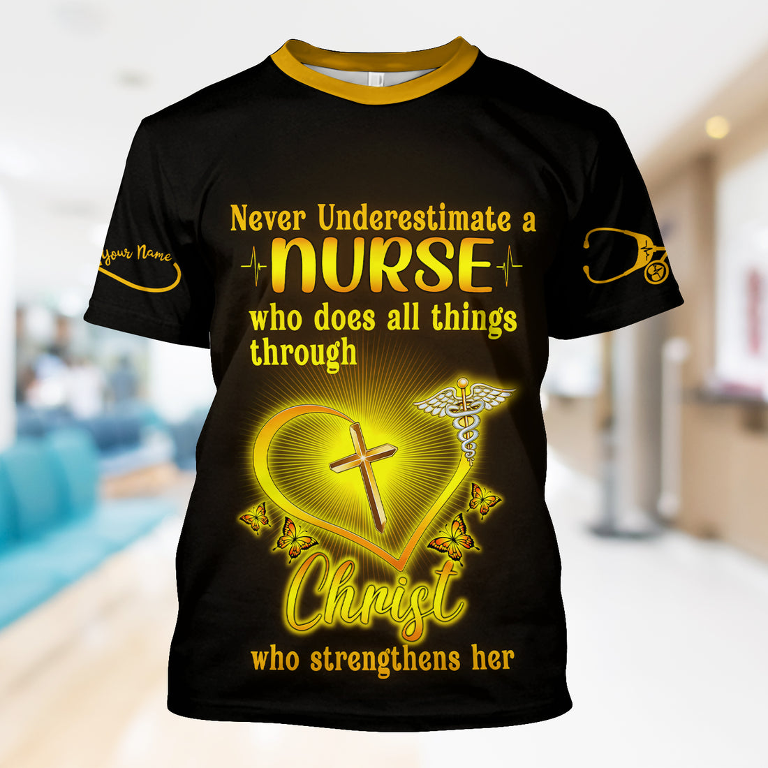 Personalized Christian Nurse Shirt for Women - All Things Through Christ with Cross & Butterflies - Custom Gift for RN LPN CNA Caregivers