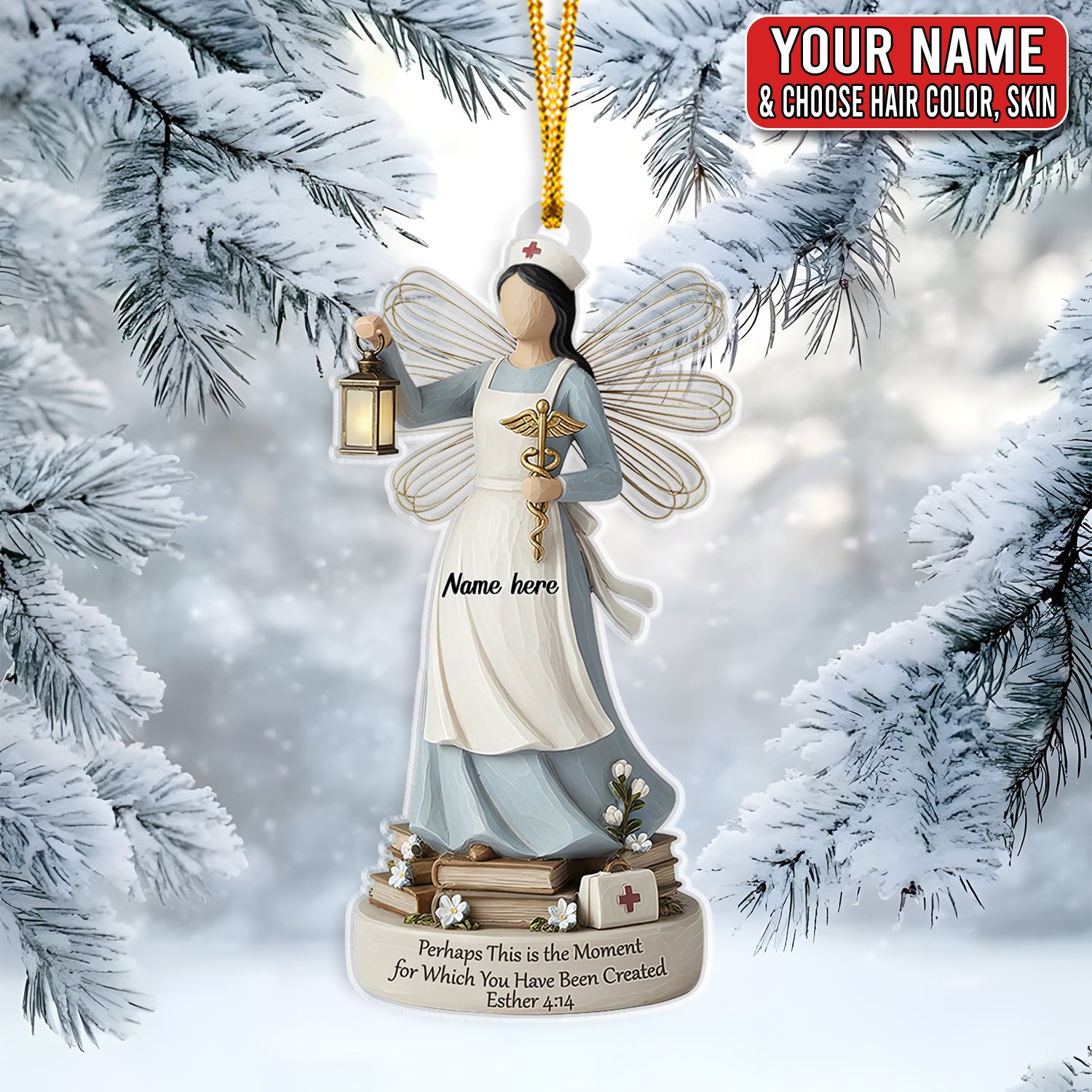 Personalized Nurse Angel Ornament, Custom Name Christian Esther 4:14 Scripture Gift, Healthcare Worker Christmas Tree Decor