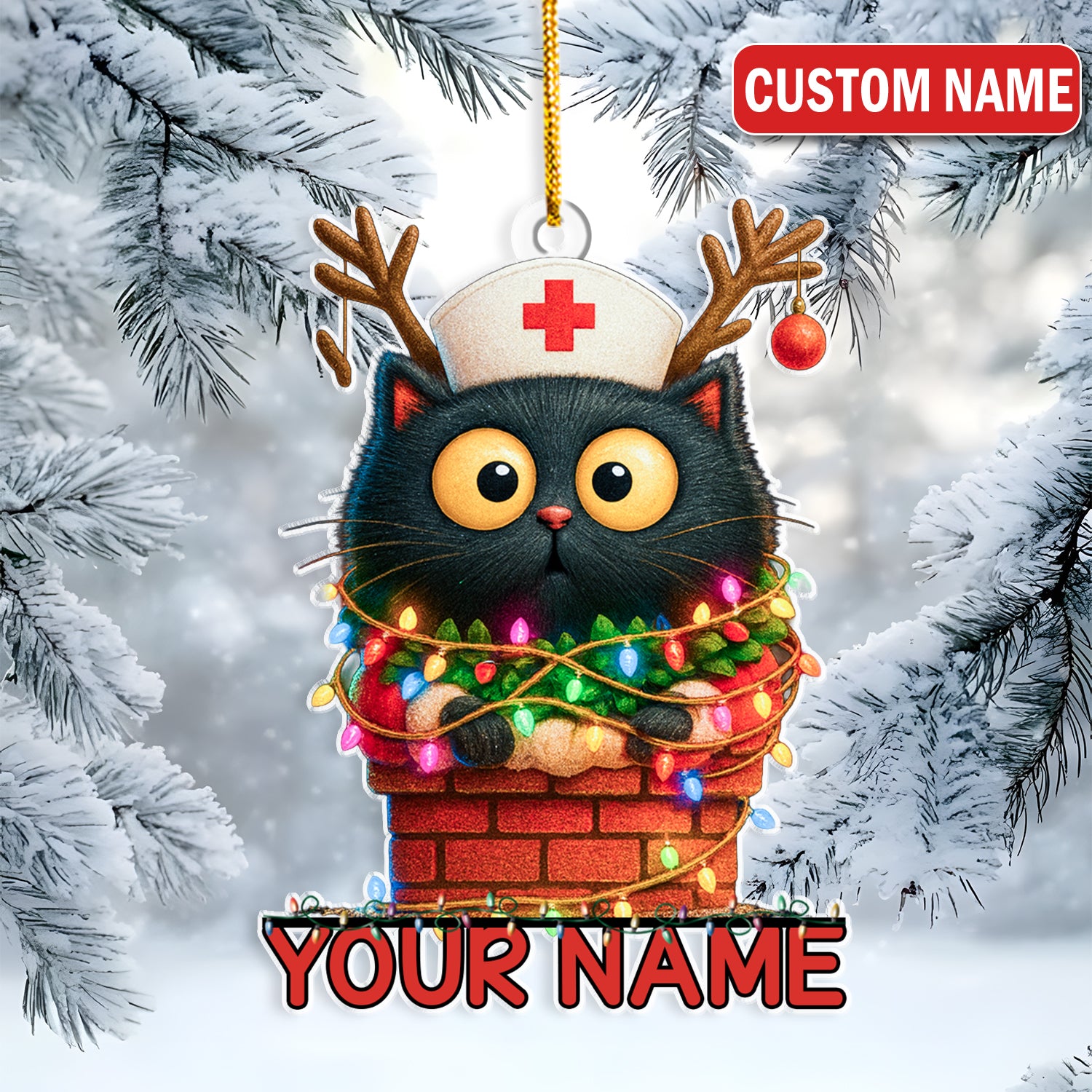 Personalized Cat Nurse Christmas Ornament - Funny Black Cat with Xmas Lights - Cute Holiday Gift for Nurses, Vet Techs & Cat Lovers