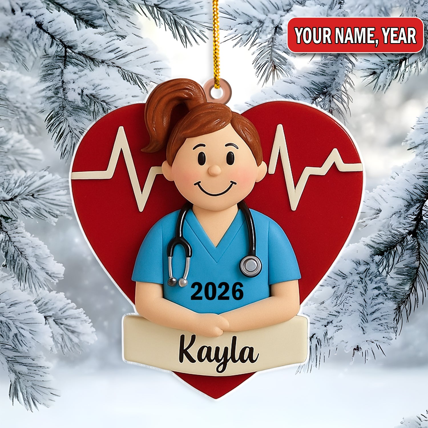 Personalized Nurse Graduate Christmas Ornament – Custom Name Heartbeat Scrub Girl Decor – Cute Healthcare Worker Holiday Gift