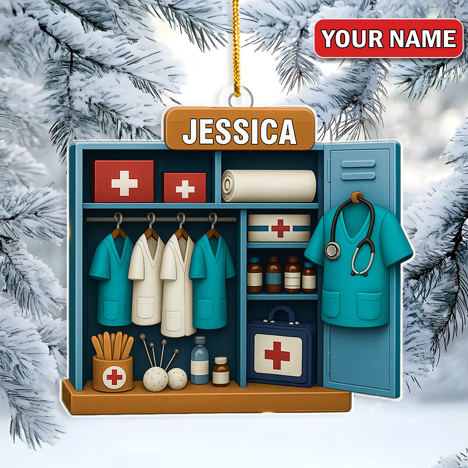 Personalized Nurse Locker Christmas Ornament – Custom Name Medical Scrubs & First Aid Cabinet Holiday Decor – Cute Doctor Ornament for Healthcare Workers