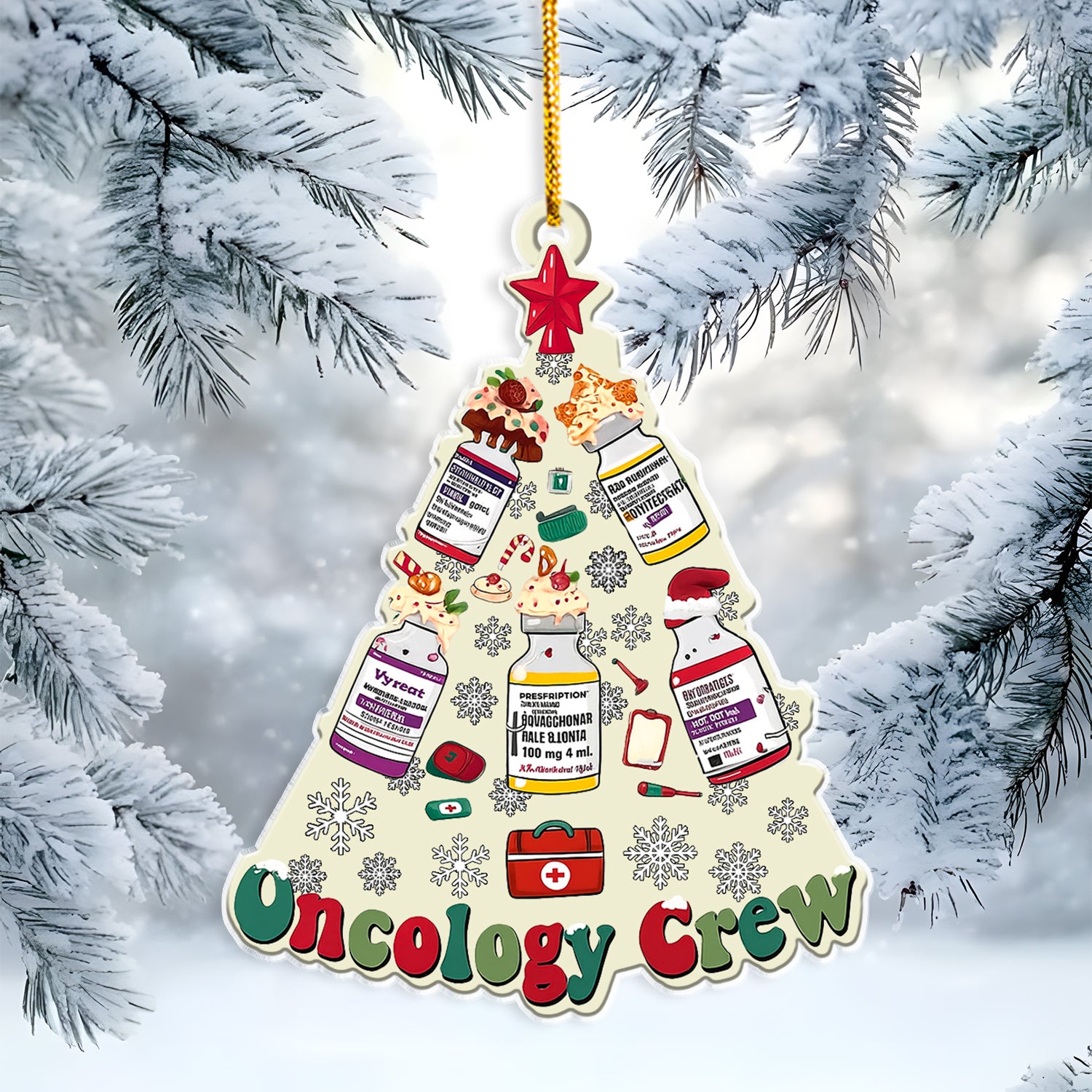 Oncology Crew Christmas Tree Ornament – Chemo Meds Holiday Decor for Nurses, Oncologists & Healthcare Workers – Cute Oncology Unit Christmas Gift