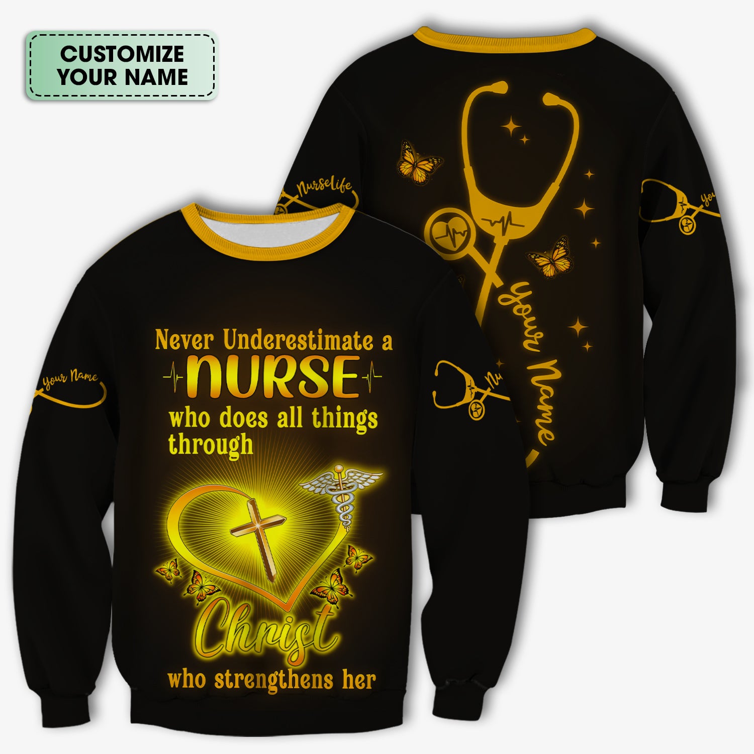 Personalized Christian Nurse Shirt for Women - All Things Through Christ with Cross & Butterflies - Custom Gift for RN LPN CNA Caregivers