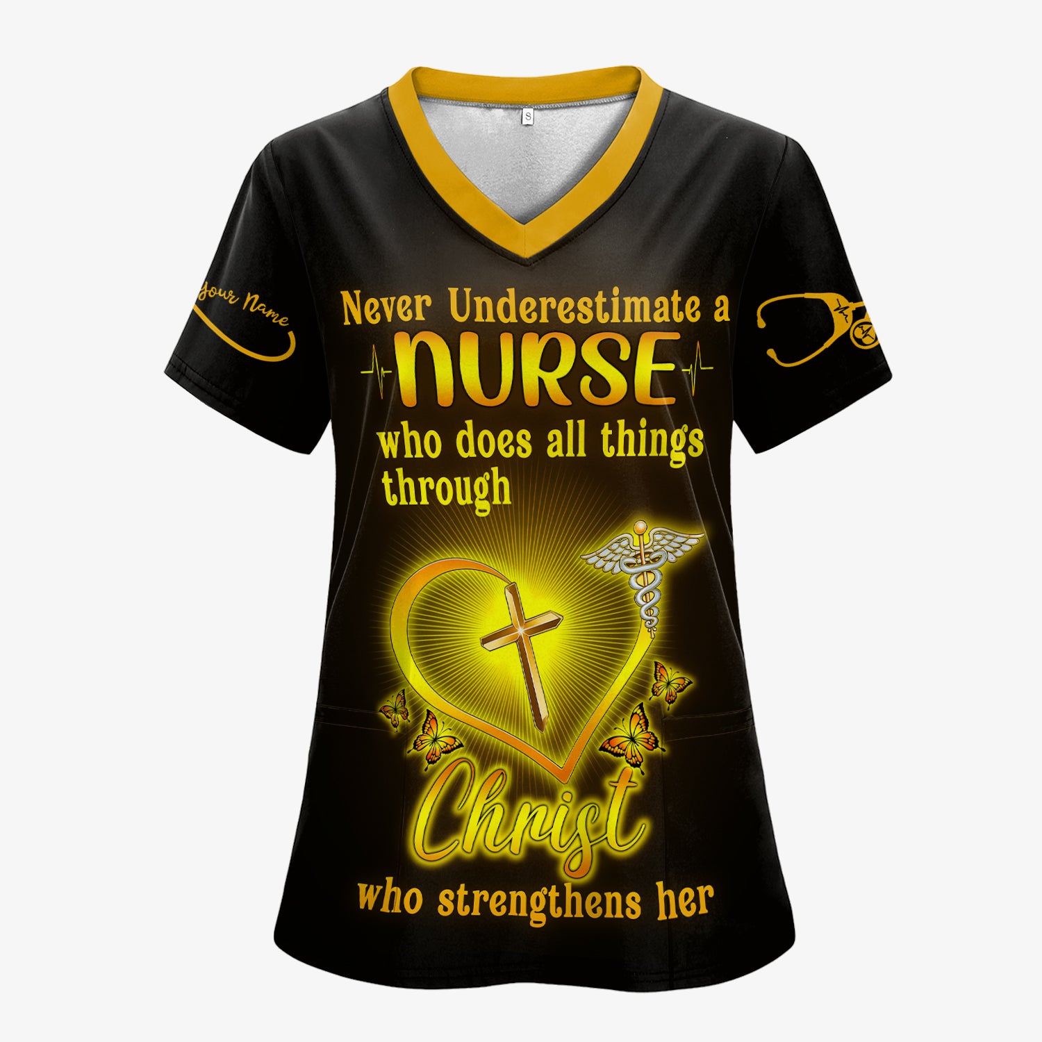 Personalized Christian Nurse Shirt for Women - All Things Through Christ with Cross & Butterflies - Custom Gift for RN LPN CNA Caregivers