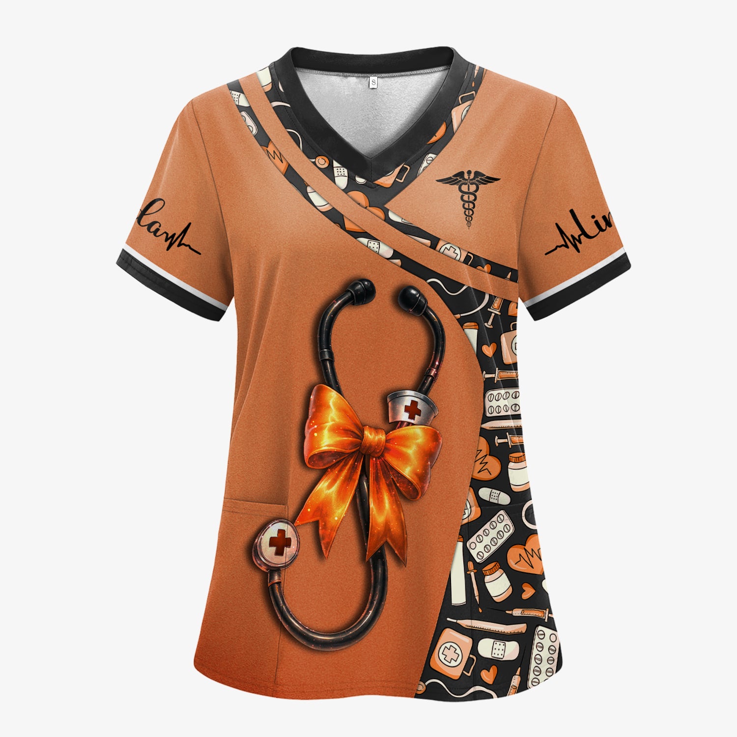 Personalized Halloween Nurse Shirt for Women - Stethoscope Scrub Top with Bow Design - Custom Name RN LPN CNA Gift