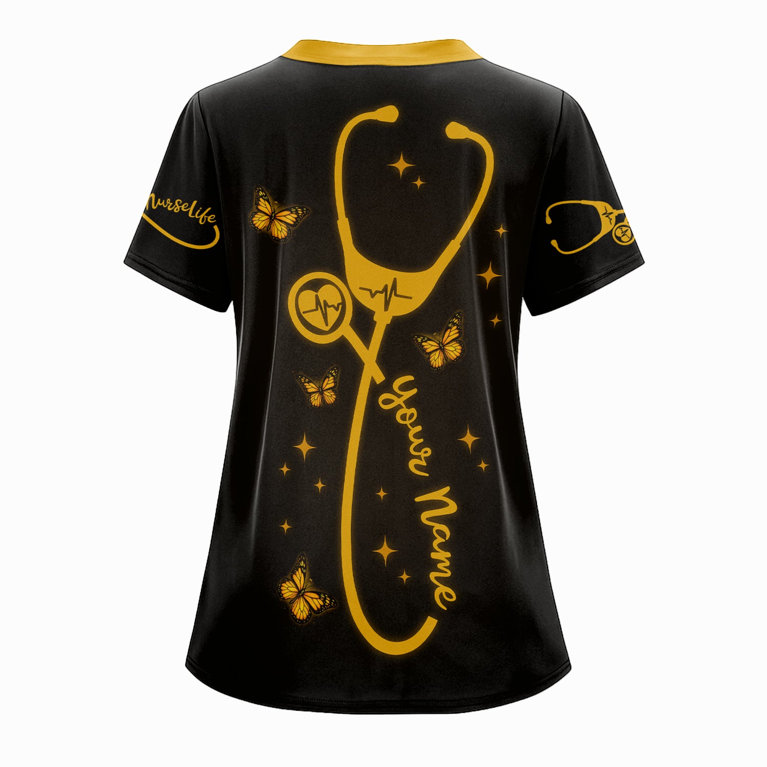 Personalized Christian Nurse Shirt for Women - All Things Through Christ with Cross & Butterflies - Custom Gift for RN LPN CNA Caregivers